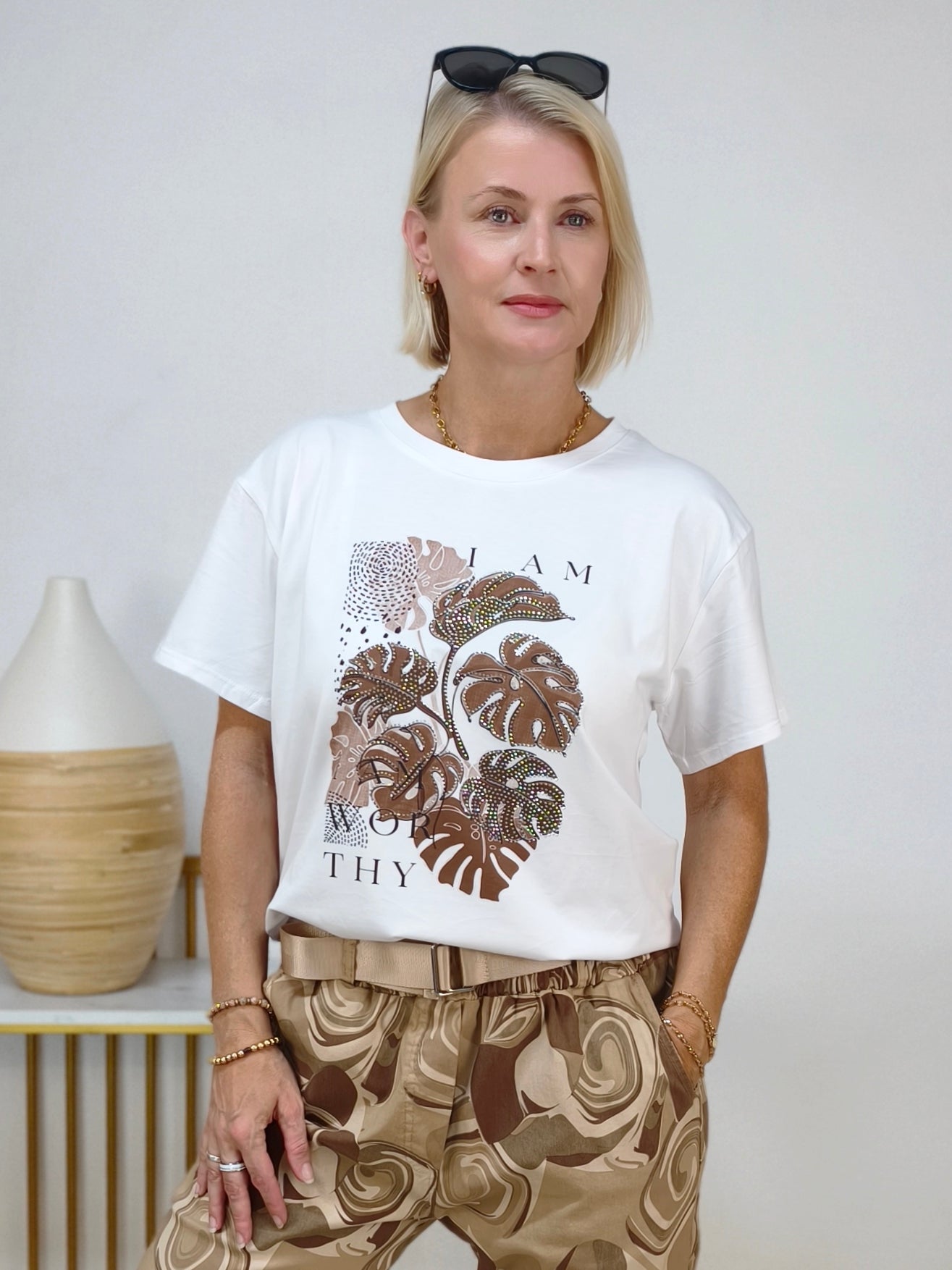 T-Shirt "Monstera" weiss/braun (36-42)