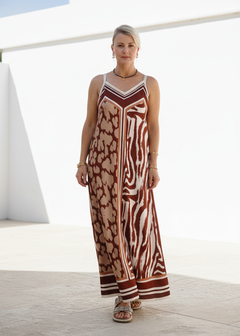 Gemustertes Trägerkleid "Sally" Braun (36-42)