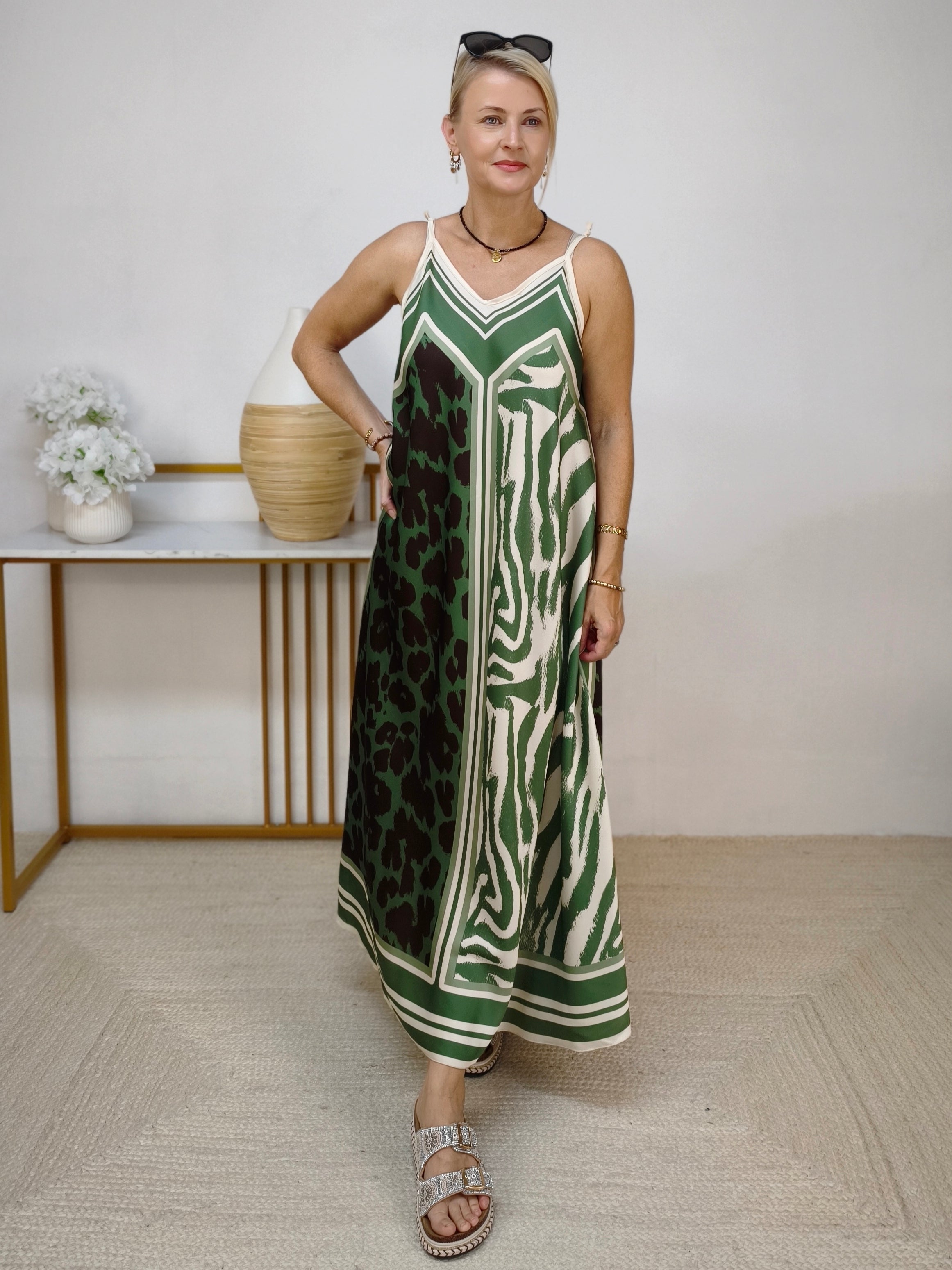Gemustertes Trägerkleid "Sally" Khaki (36-42)