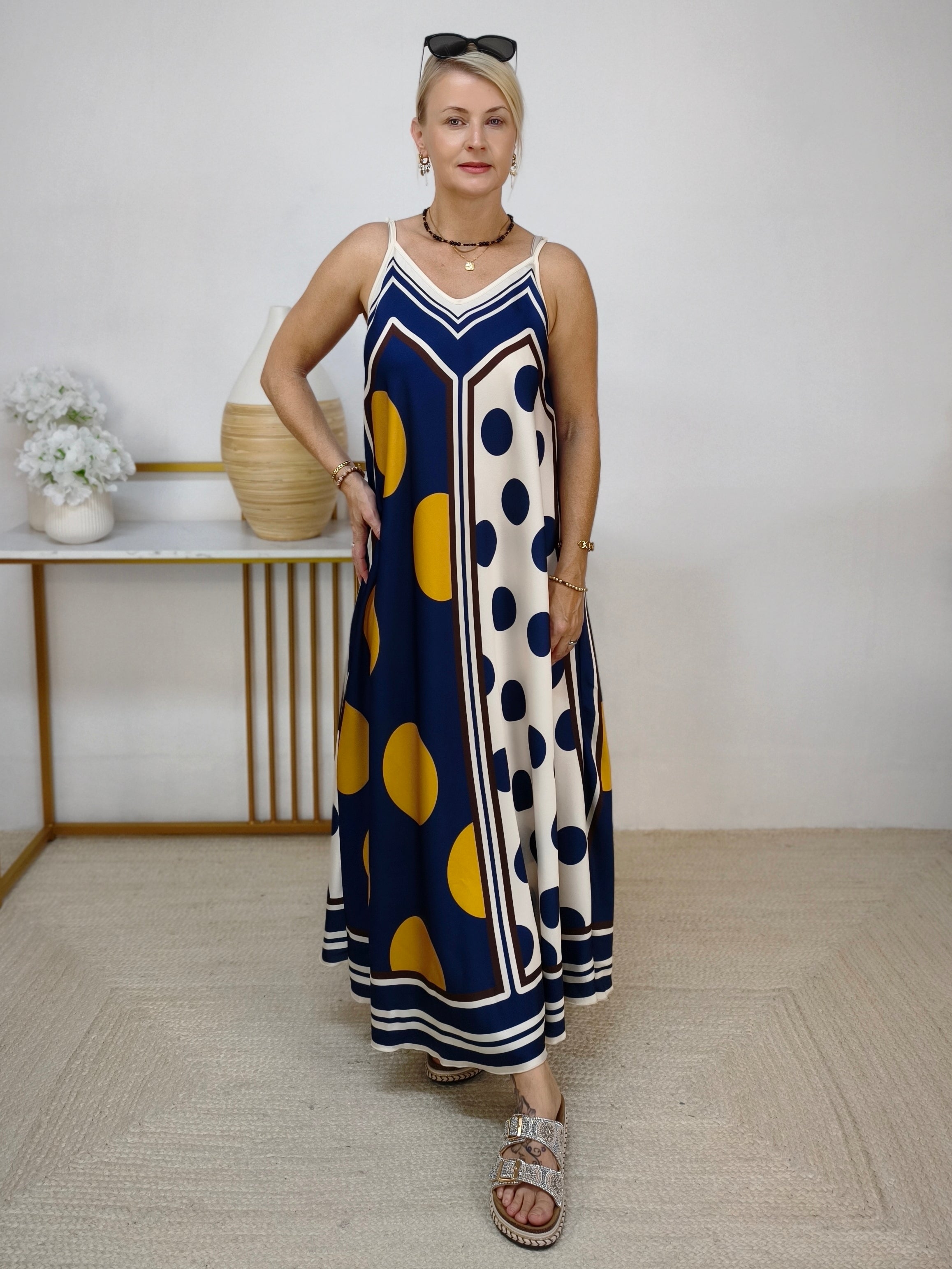 Gemustertes Trägerkleid - Sommerkleid Dunkelblau - mehrfarbig (36-42)