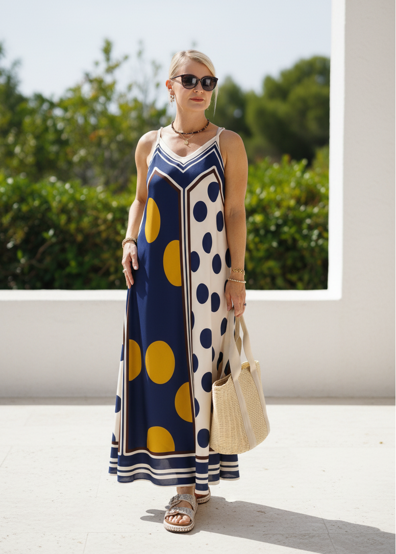 Gemustertes Trägerkleid - Sommerkleid Dunkelblau - mehrfarbig (36-42)