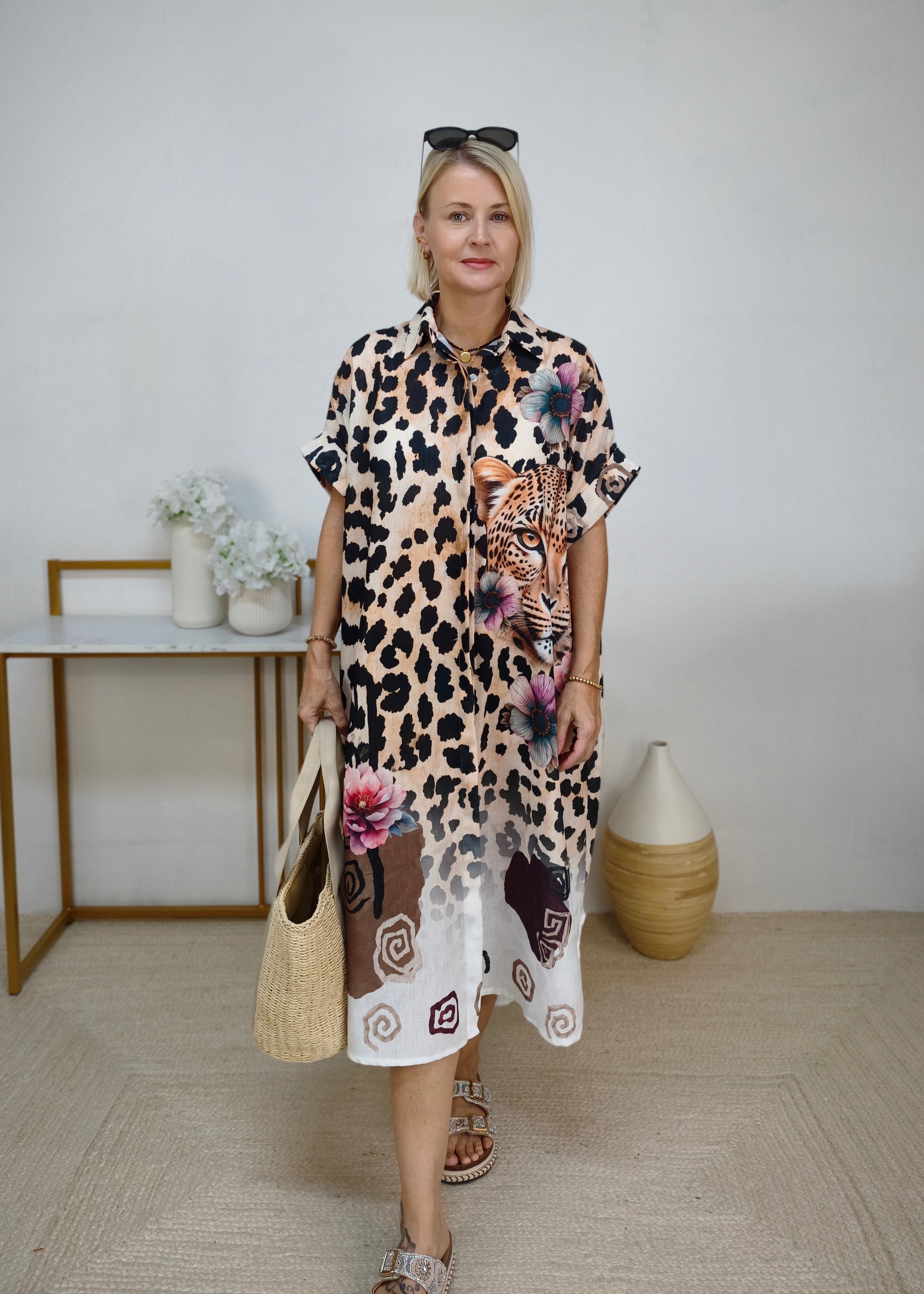 Boho Hemdkleid "Animal" mit aufwendigem Leo Print mehrfarbig (38/40-46/48)