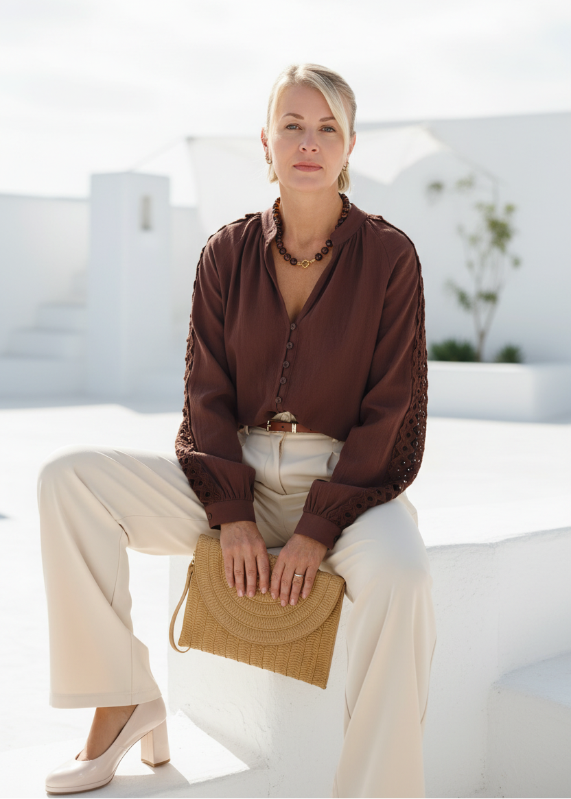 Fliessende Bluse "Jolie" mit Spitzeneinsätzen dunkelbraun (38/40, 42, 44)