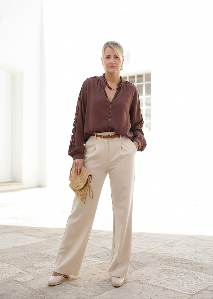 Fliessende Bluse "Jolie" mit Spitzeneinsätzen dunkelbraun (38/40, 42, 44)