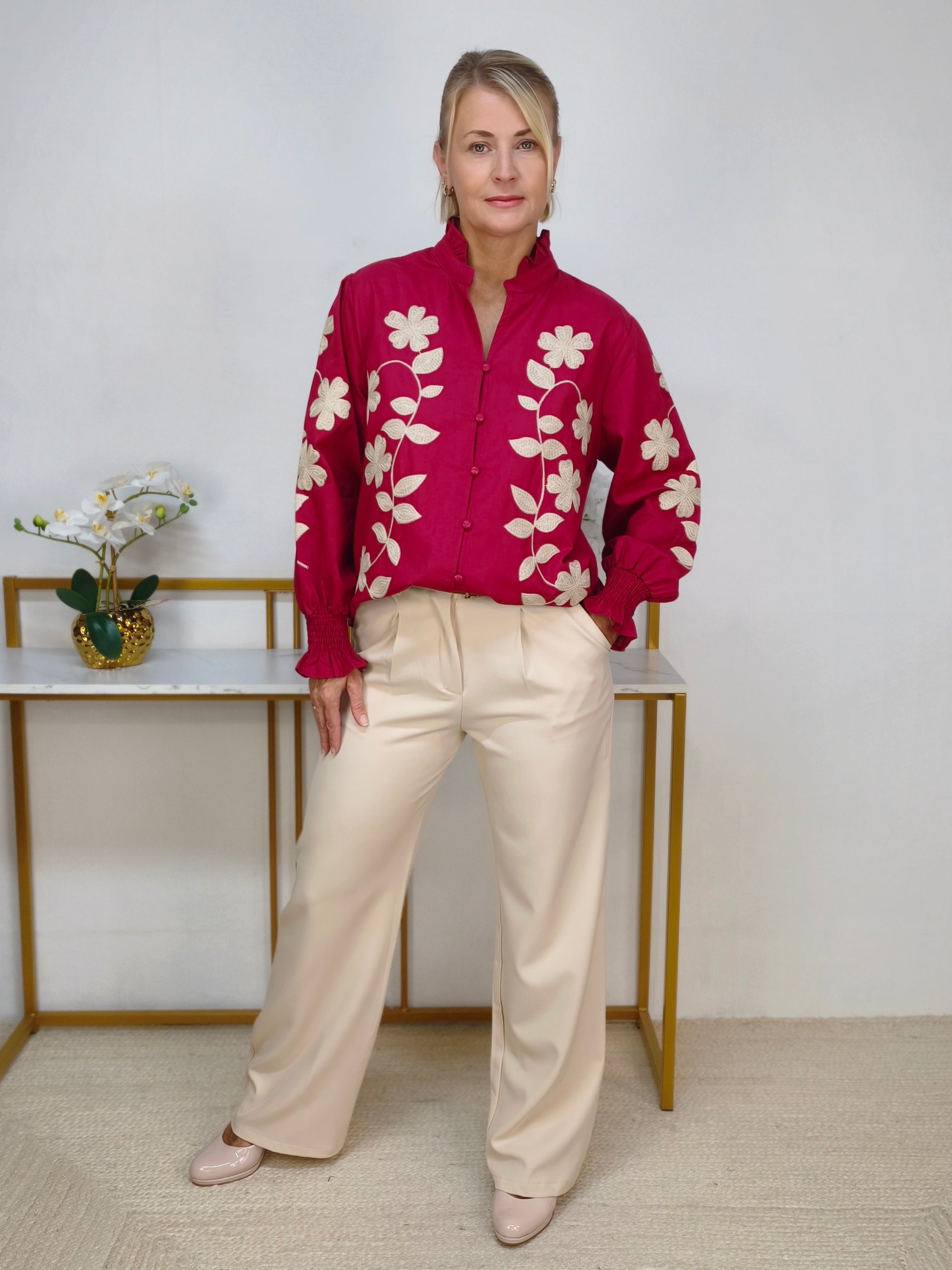 Fließende High-Waist-Hose Beige (36, 38, 40)