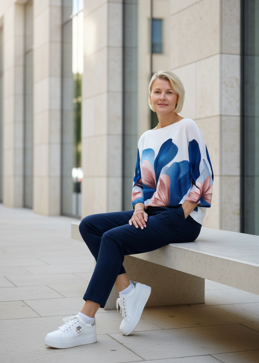 Leichter Pullover "Susanne" gemustert Weiss/Blau 3/4 Arm (38-42)
