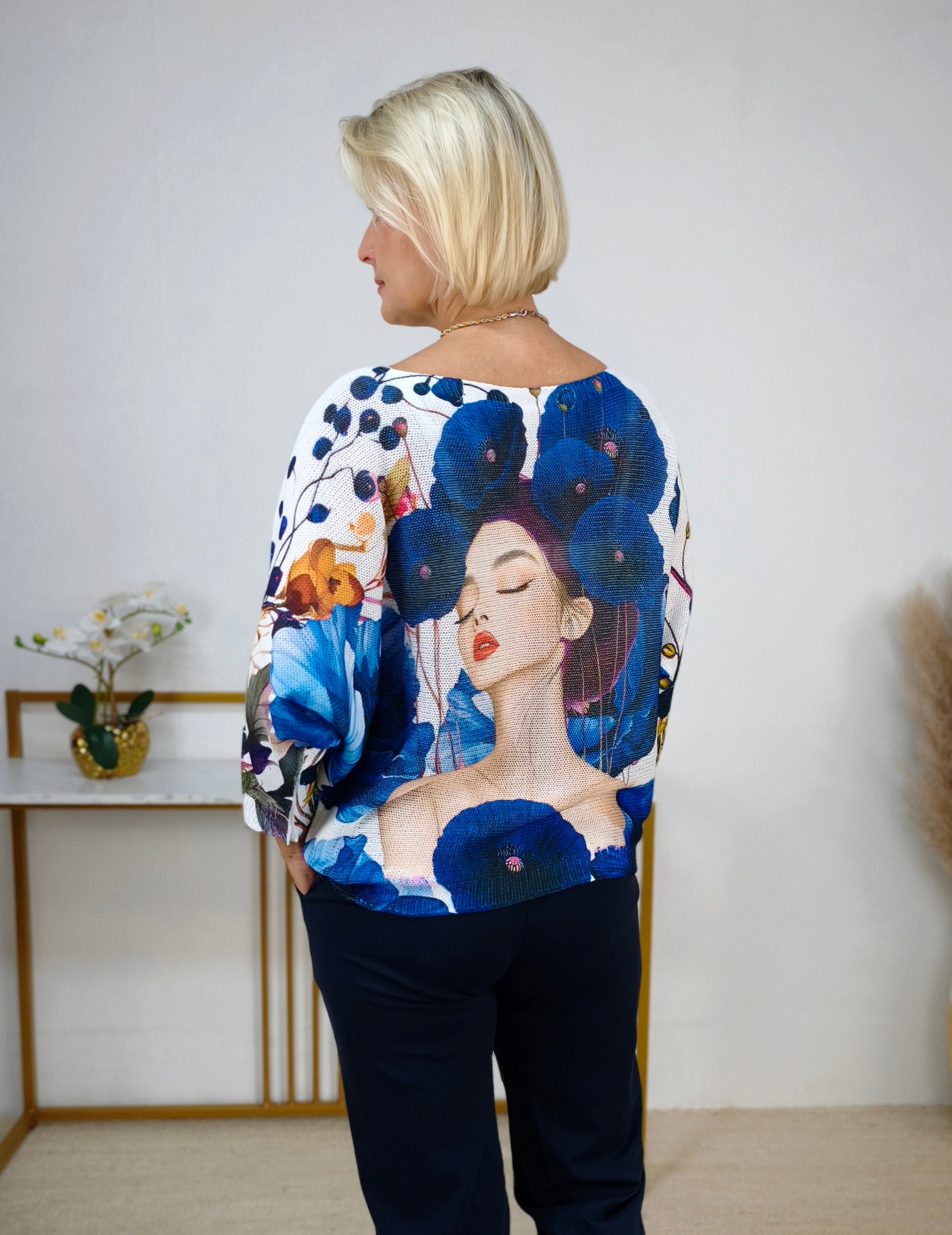 Leichter Pullover "Woman" gemustert Weiss/Blau 3/4 Arm (38-42)