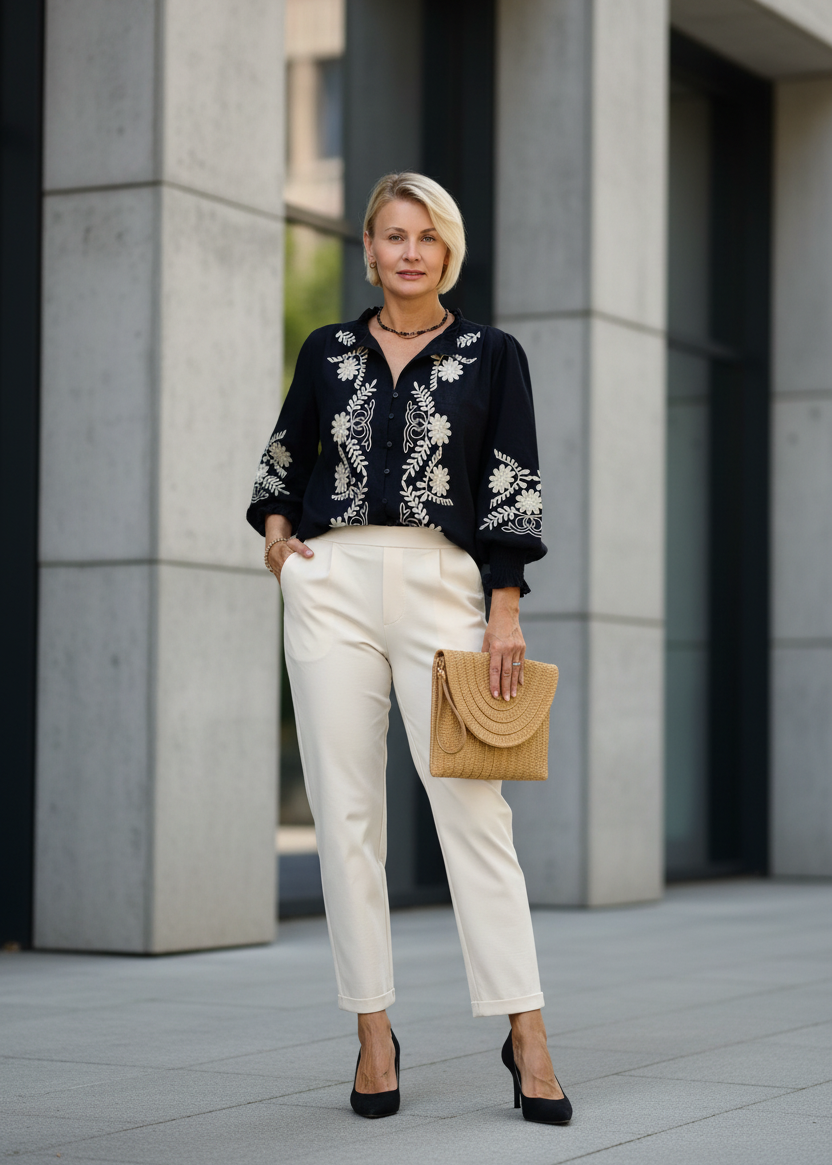Damenbluse "Nora" mit Blumenstickerei in Schwarz (38, 40, 42)