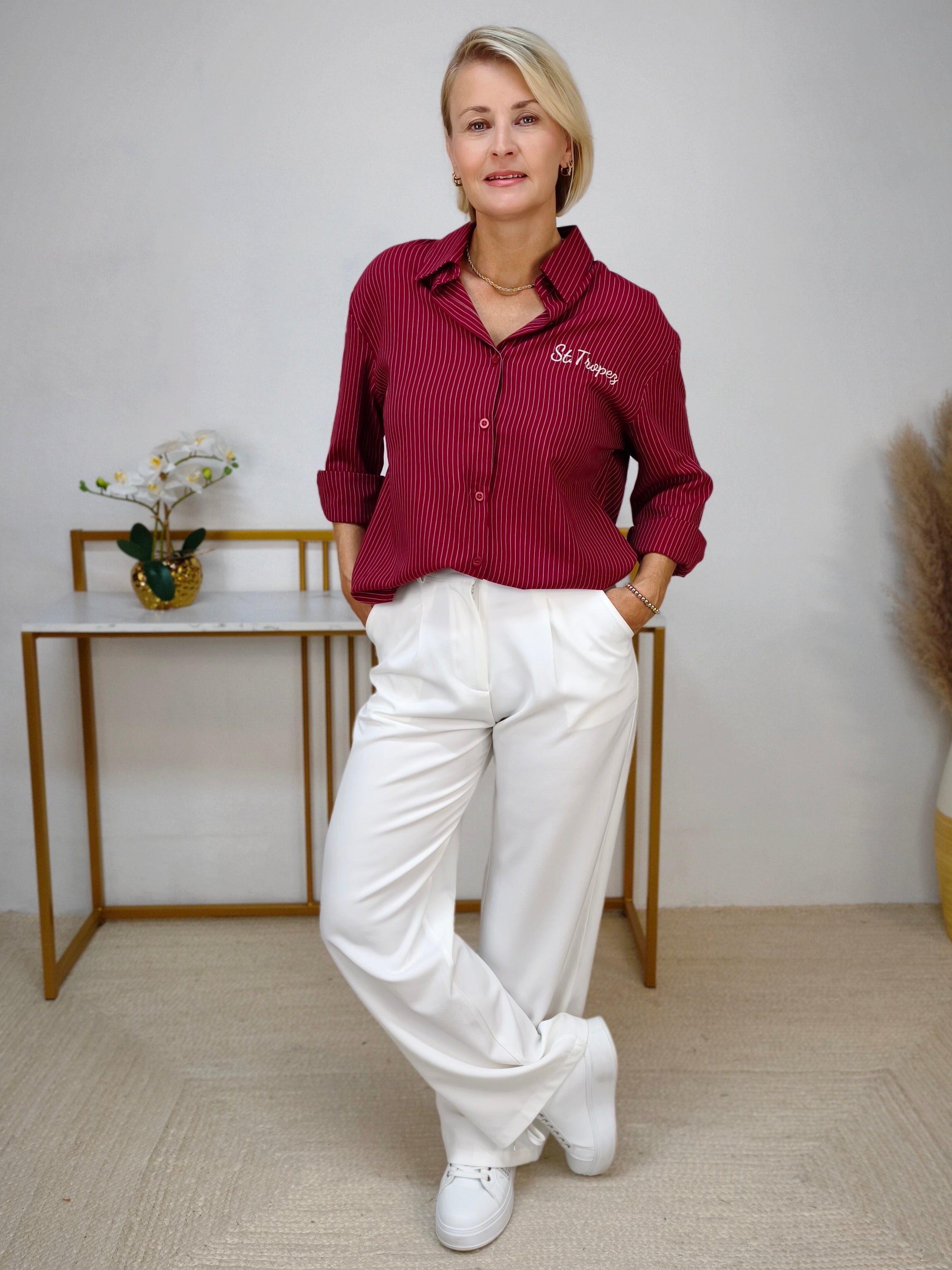Lässig gestreifte Hemd Bluse "St. Tropez" burgundy (38, 40, 42/S-L)