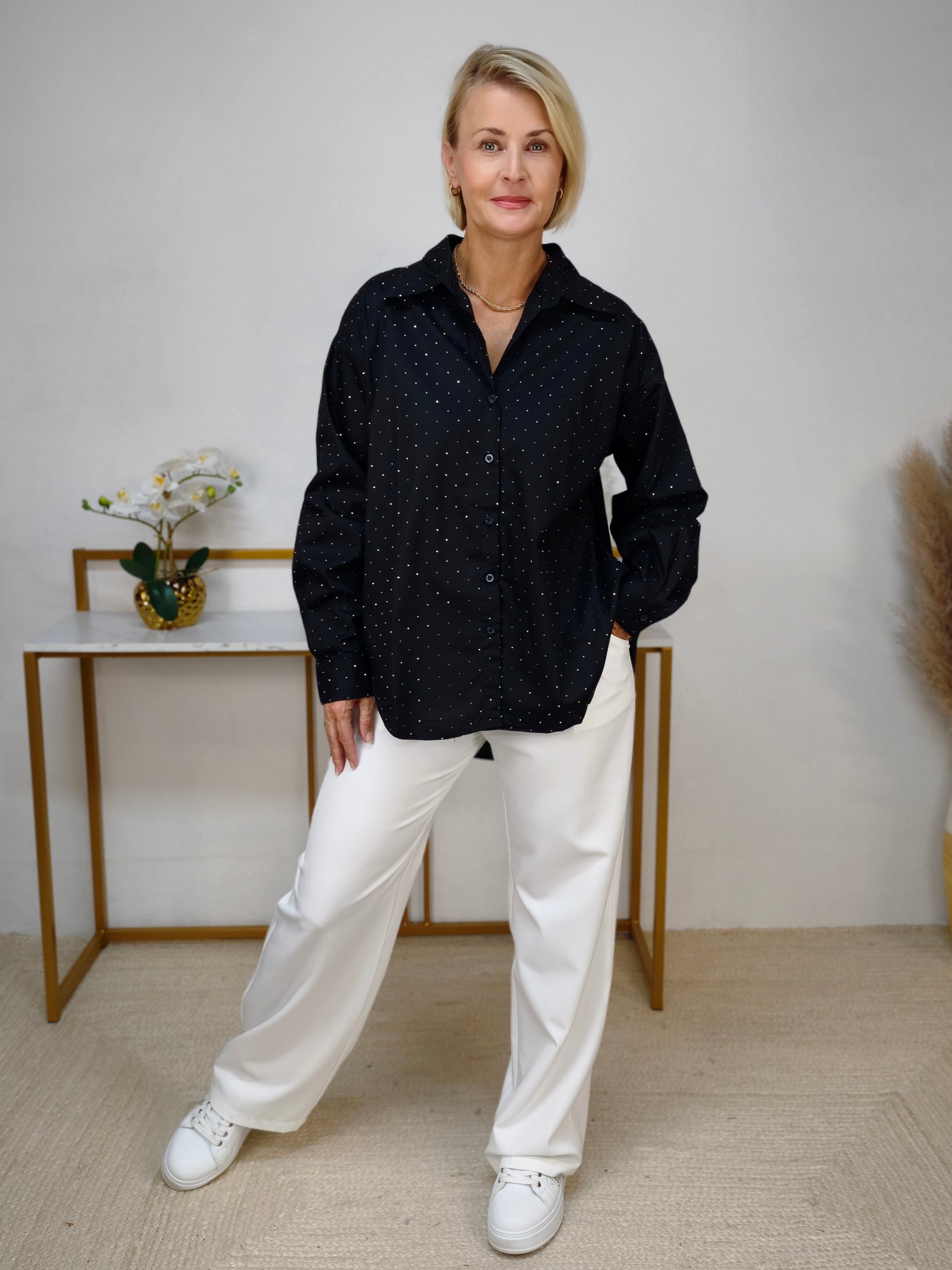 Elegante Hemd Bluse in schwarz mit Strass (40/42, 44, 46)