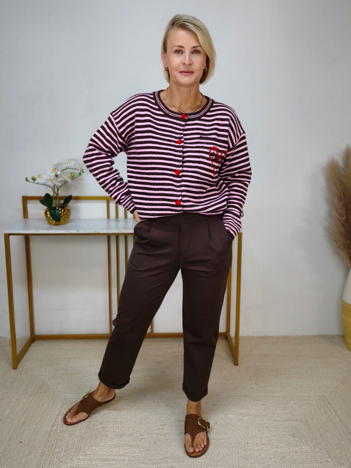 Strickjacke gestreift Dunkelbraun/Rosa (38-42)