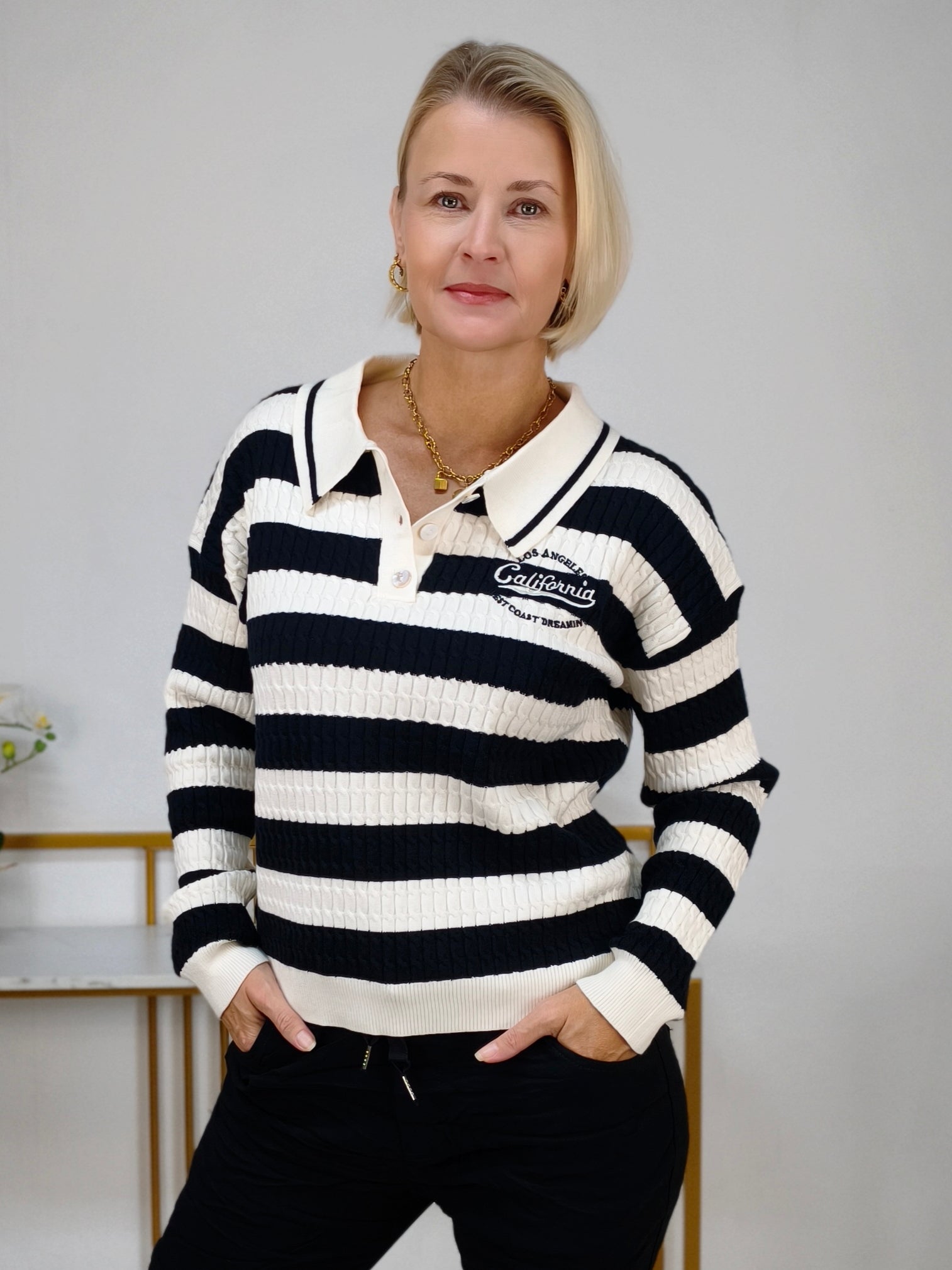 Pullover "California" gestreift im Polo Style Weiss/Schwarz (36-42)
