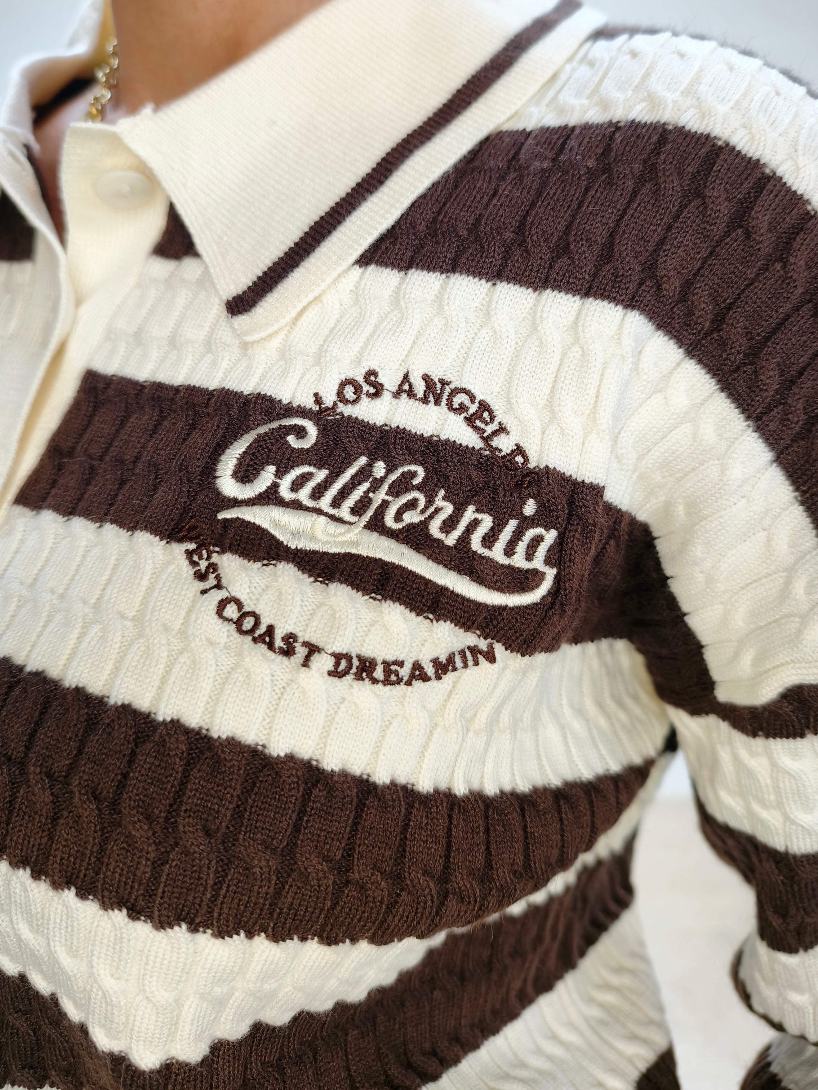 Pullover "California" gestreift im Polo Style Weiss/Dunkelbraun (36-42)