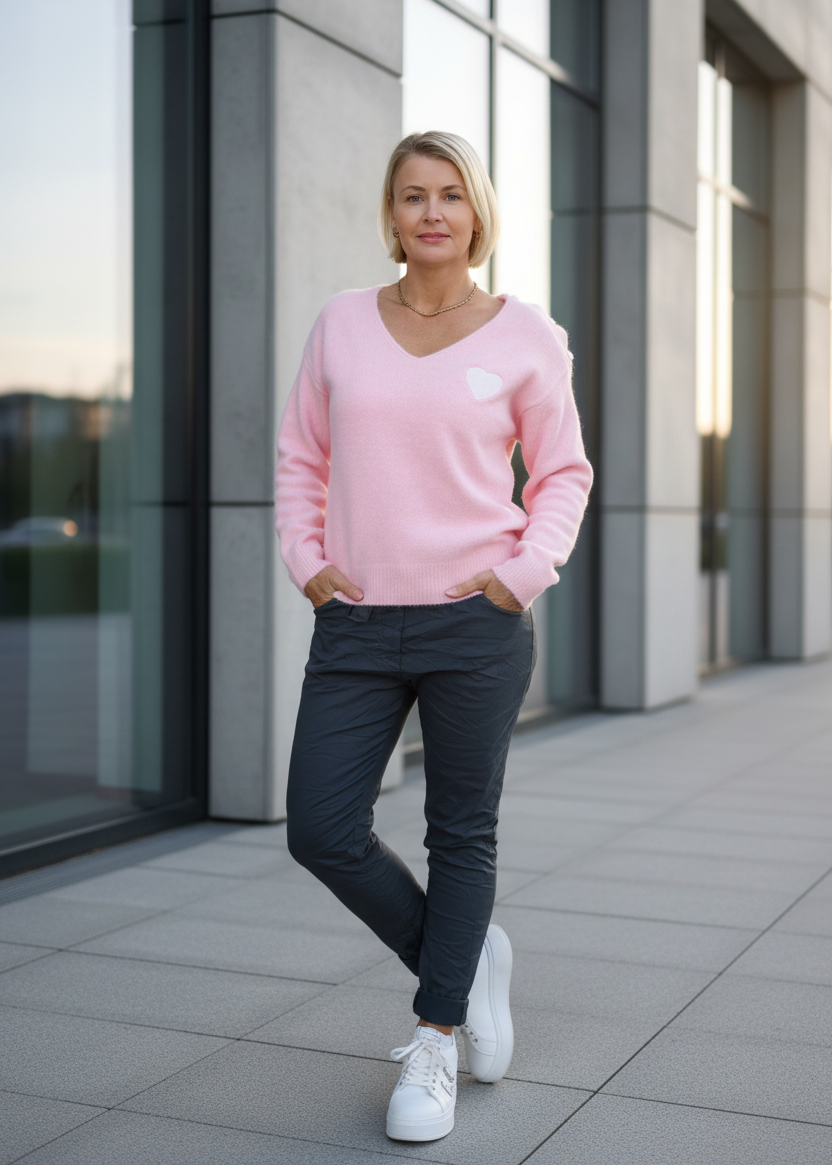 Weicher Strickpullover mit Herzchen in rosa (36-42)