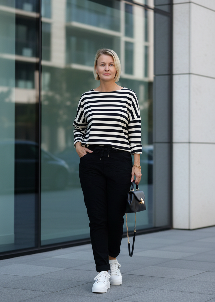 Baumwoll Langarm Shirt gestreift schwarz/wollweiß (40-42/44)
