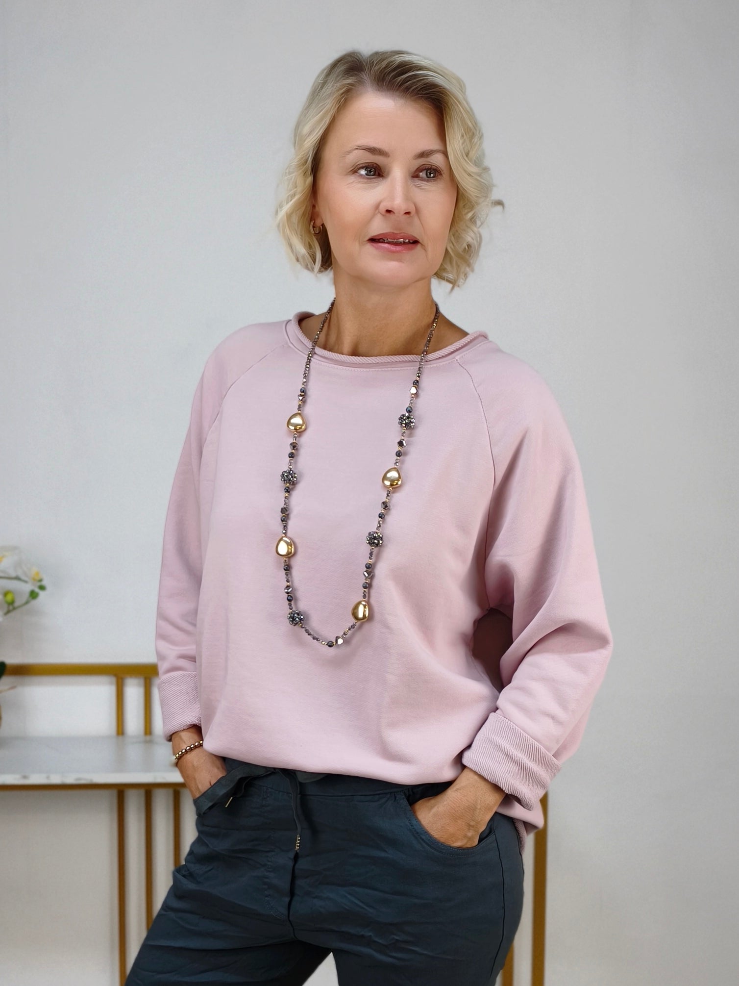 Einfarbiges Sweatshirt aus Baumwolle altrosa (40-44)