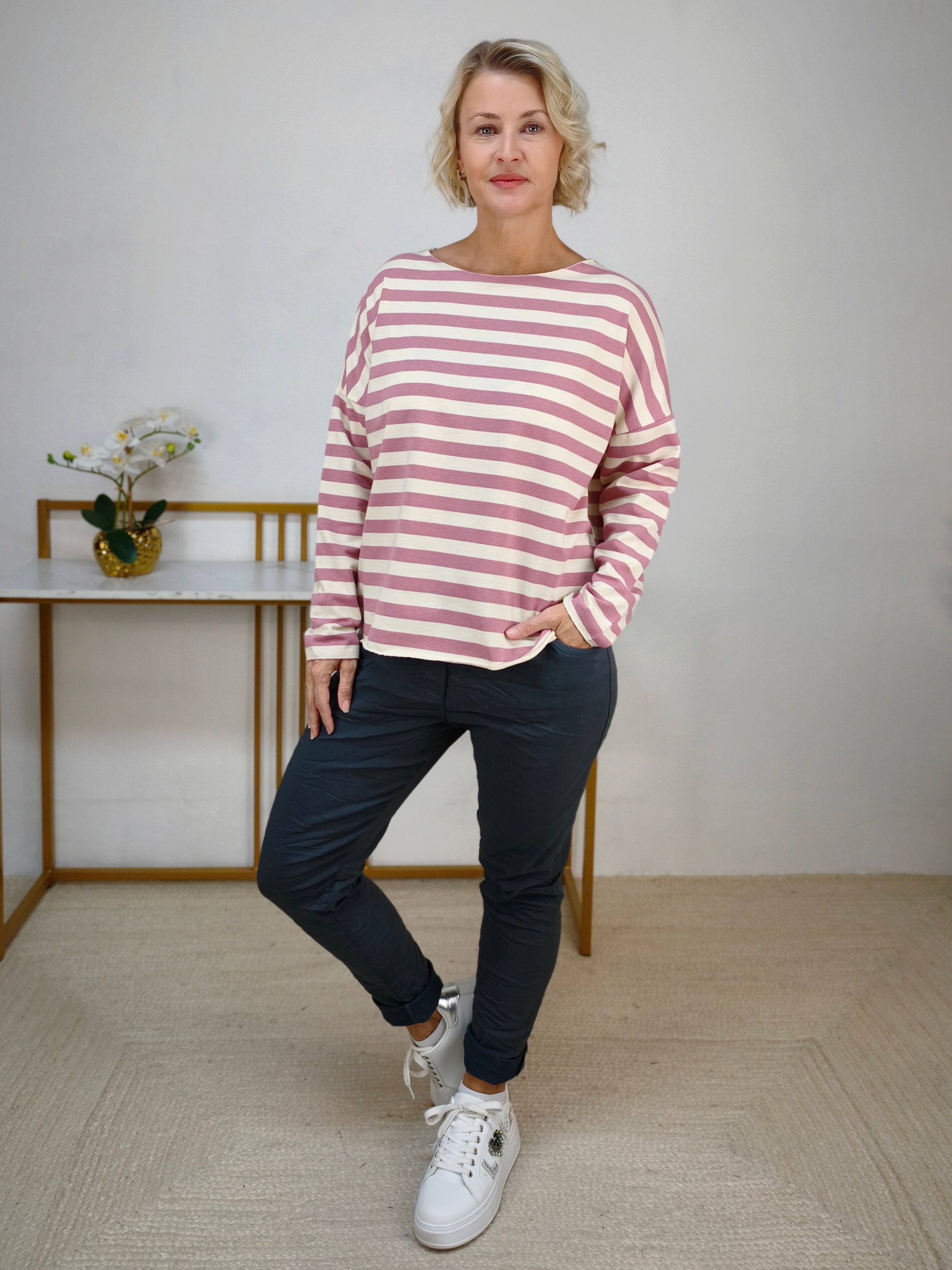 Baumwoll Langarm Shirt gestreift altrosa/wollweiß (40-42/44)