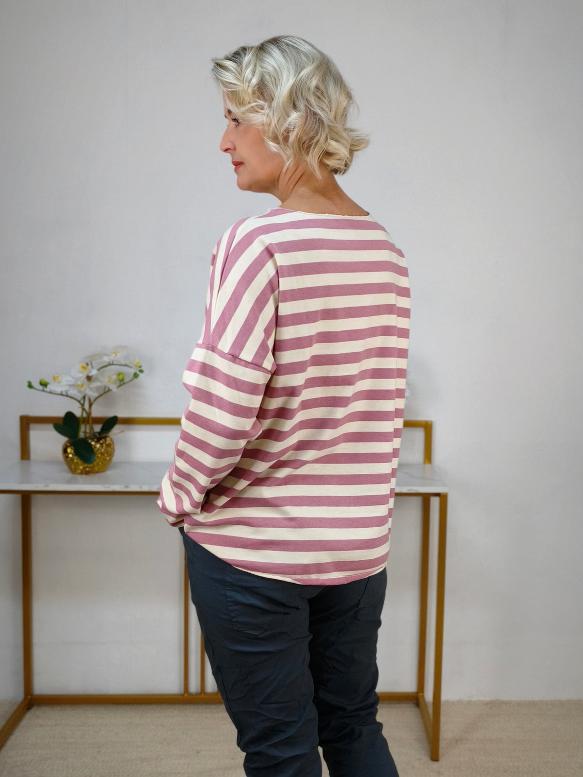 Baumwoll Langarm Shirt gestreift altrosa/wollweiß (40-42/44)