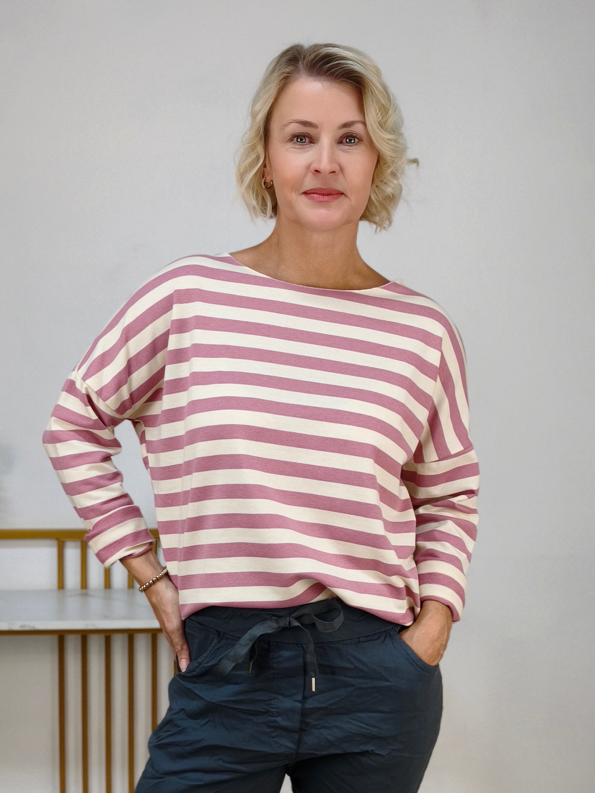Baumwoll Langarm Shirt gestreift altrosa/wollweiß (40-42/44)