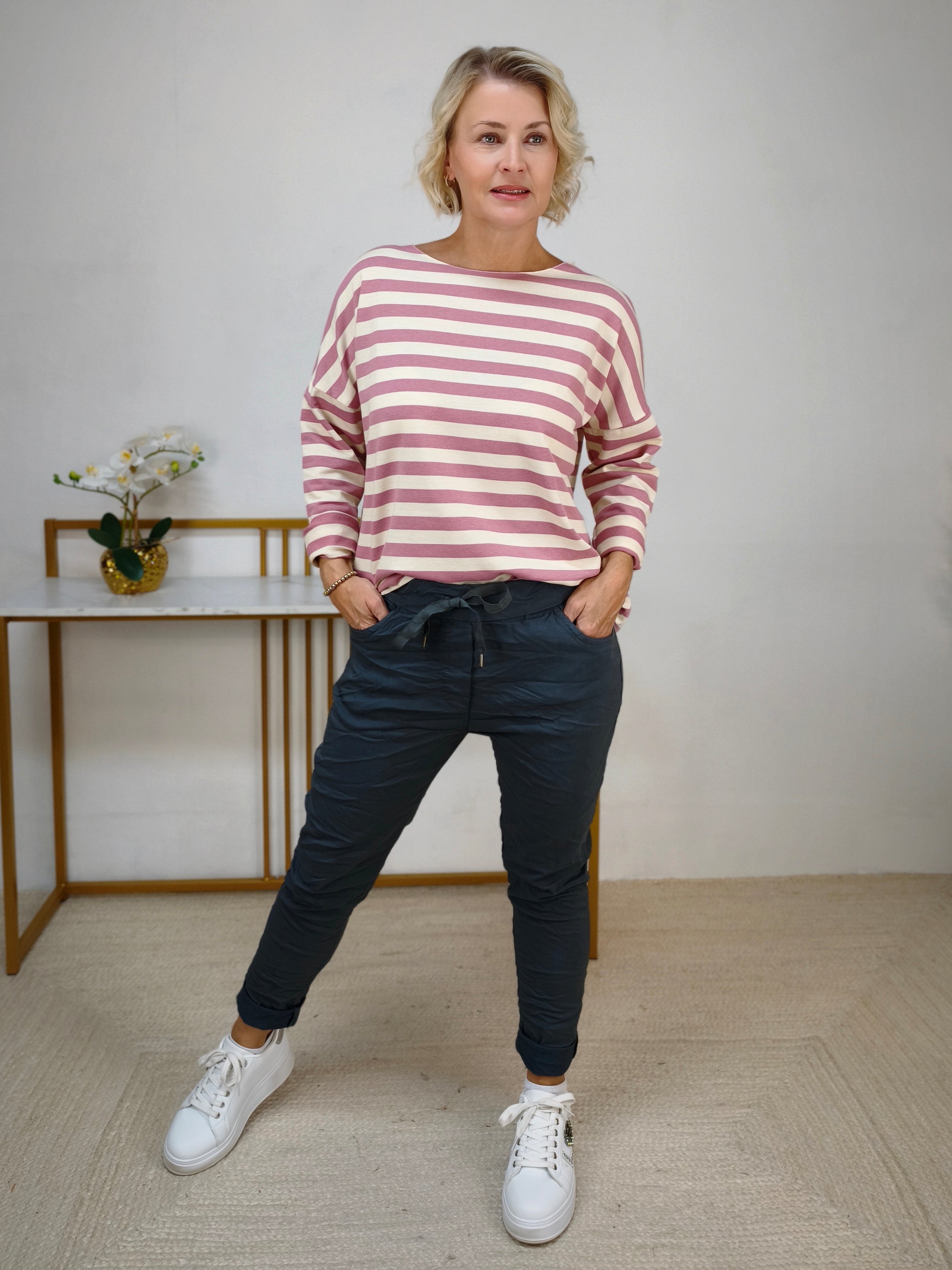 Baumwoll Langarm Shirt gestreift altrosa/wollweiß (40-42/44)