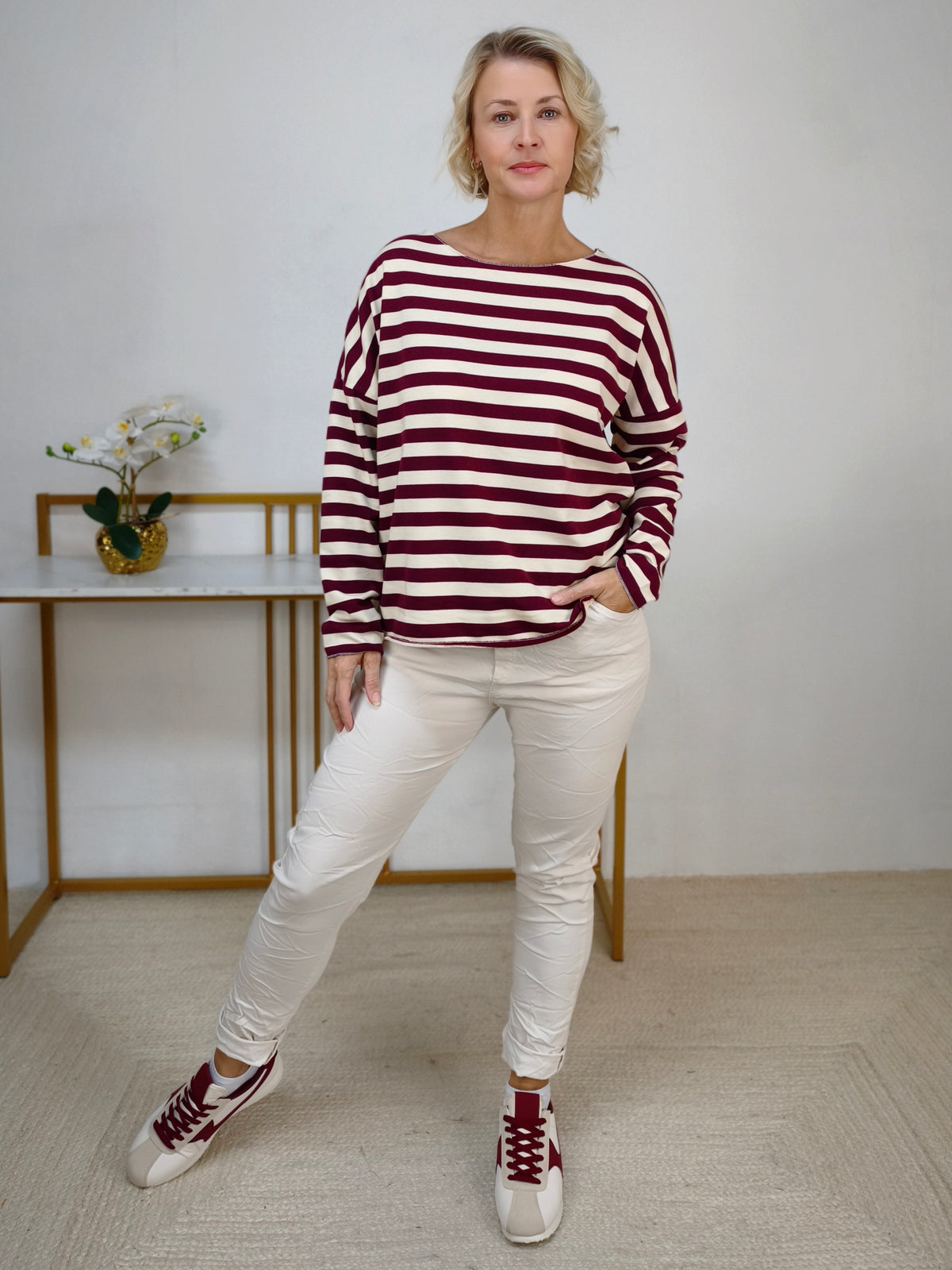 Baumwoll Langarm Shirt gestreift burgundy/wollweiss (40-42/44)
