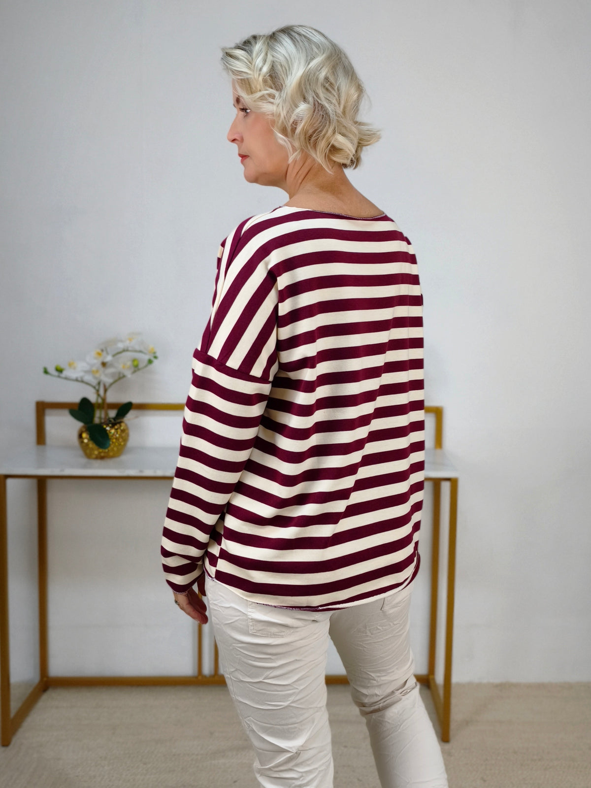 Baumwoll Langarm Shirt gestreift burgundy/wollweiss (40-42/44)