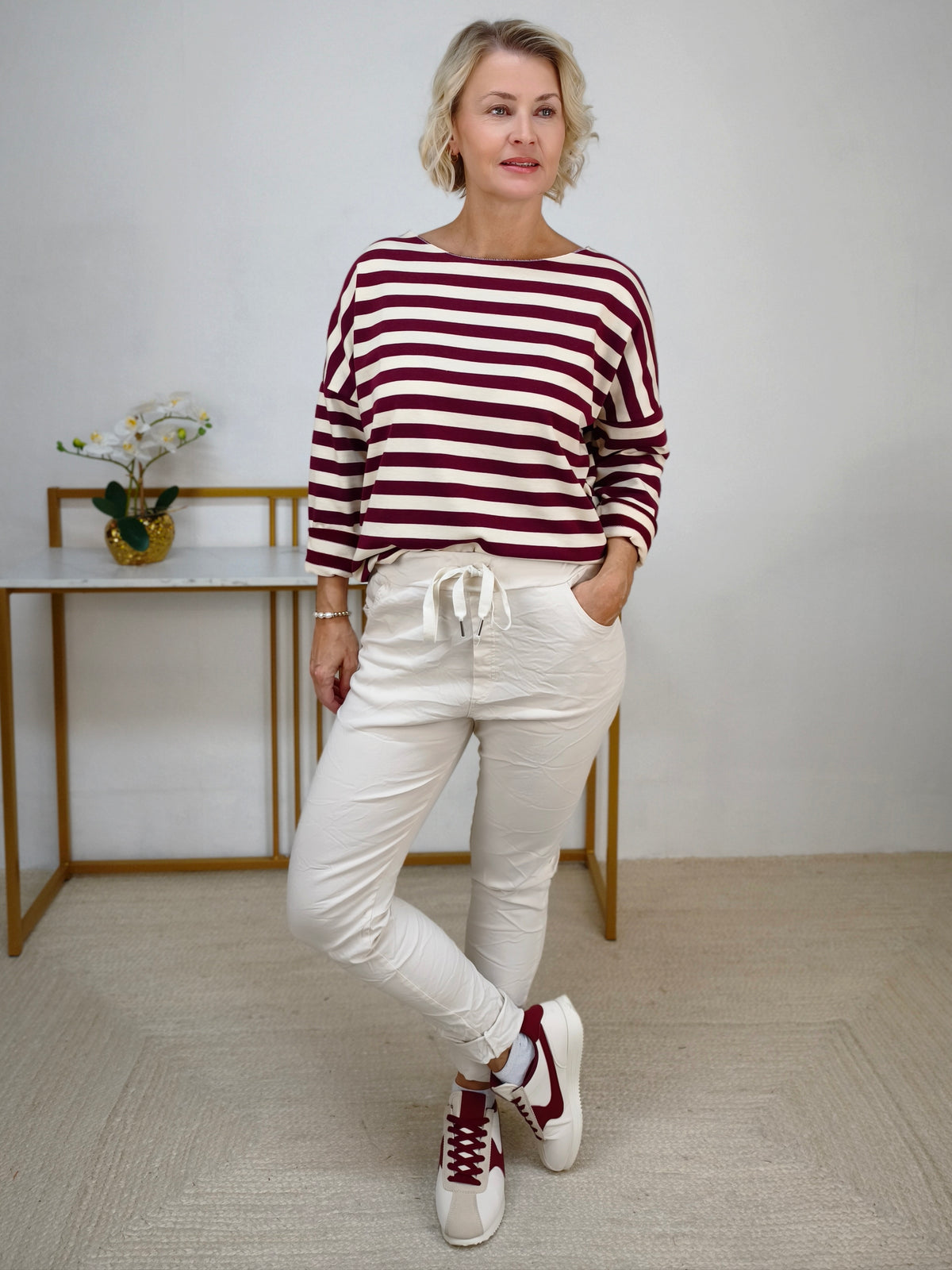 Baumwoll Langarm Shirt gestreift burgundy/wollweiss (40-42/44)
