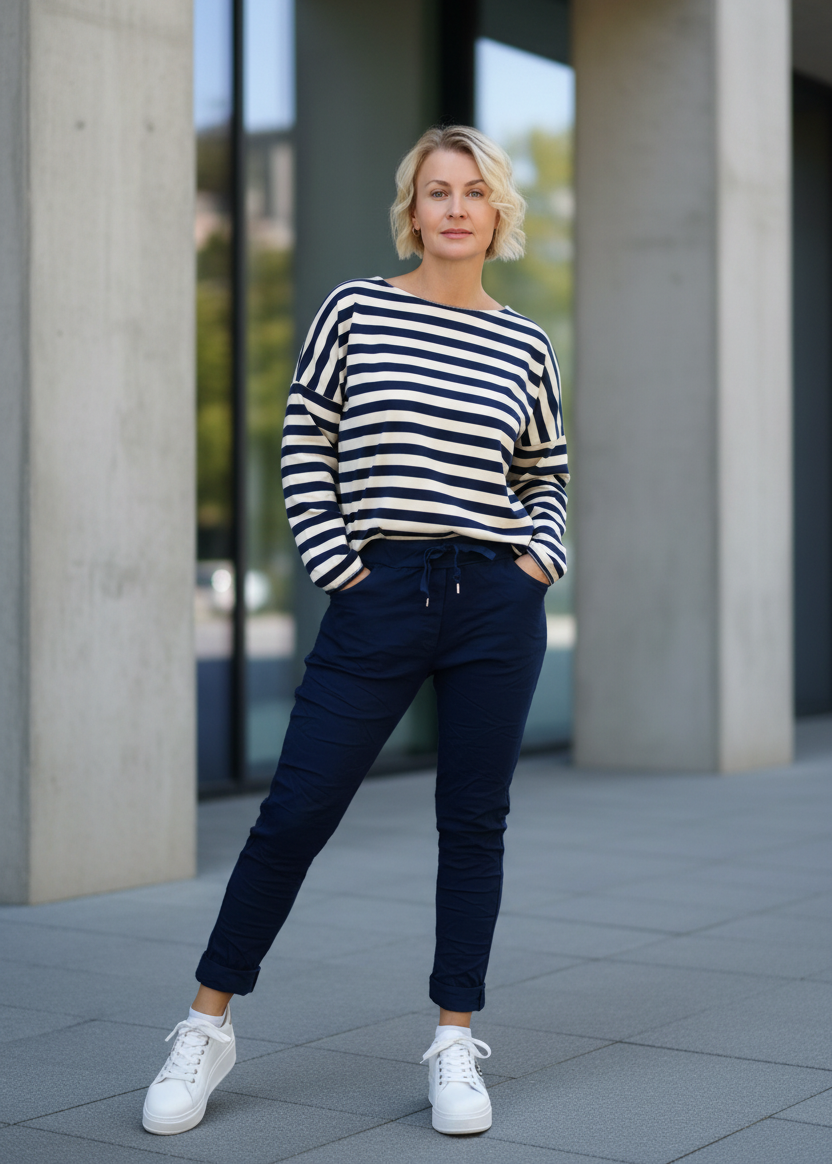Baumwoll Langarm Shirt gestreift dunkelblau/wollweiss (40-42/44)