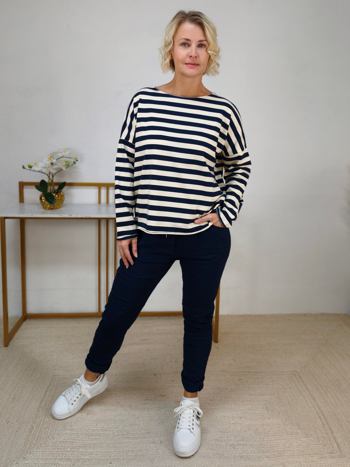 Baumwoll Langarm Shirt gestreift dunkelblau/wollweiss (40-42/44)