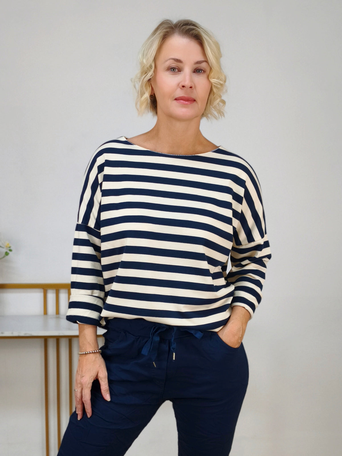 Baumwoll Langarm Shirt gestreift dunkelblau/wollweiss (40-42/44)