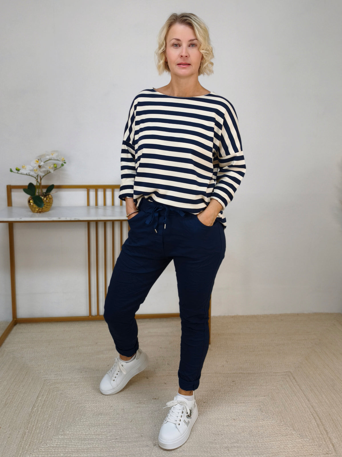 Baumwoll Langarm Shirt gestreift dunkelblau/wollweiss (40-42/44)