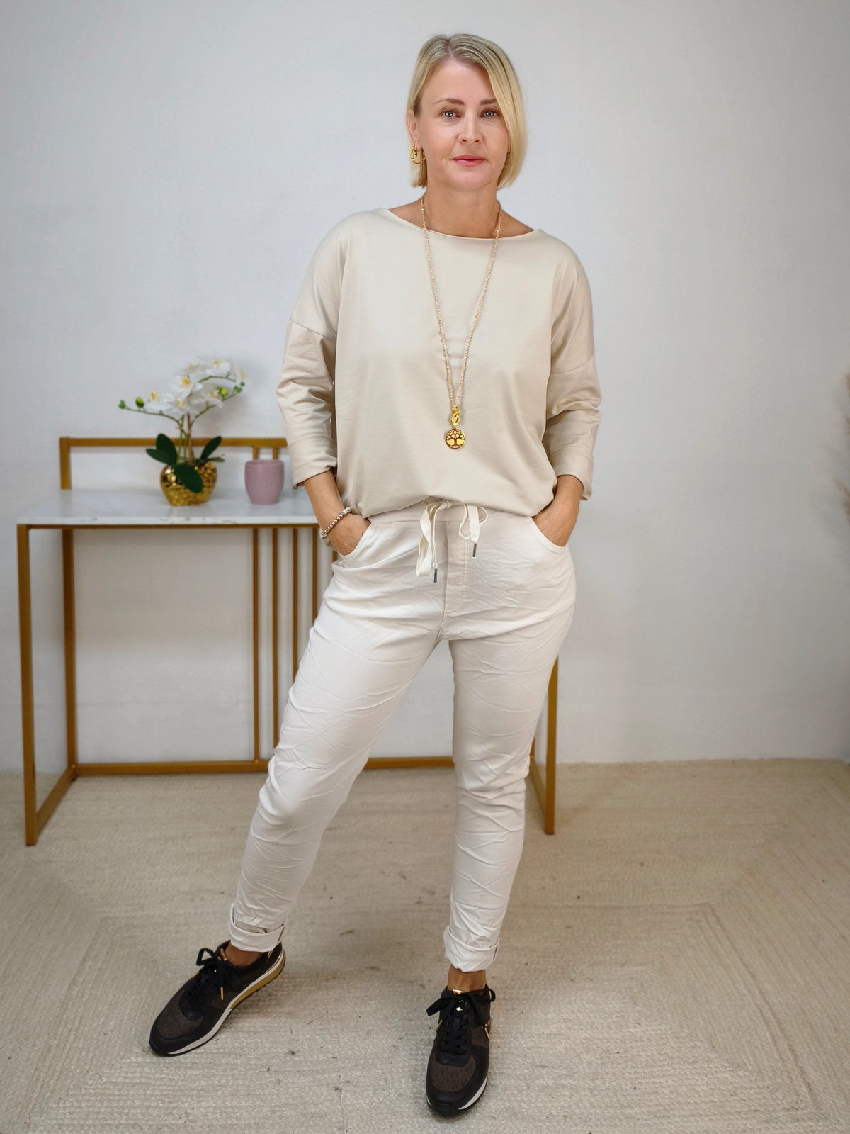 Langarm Baumwolle Shirt einfarbig Beige (40-42/44)