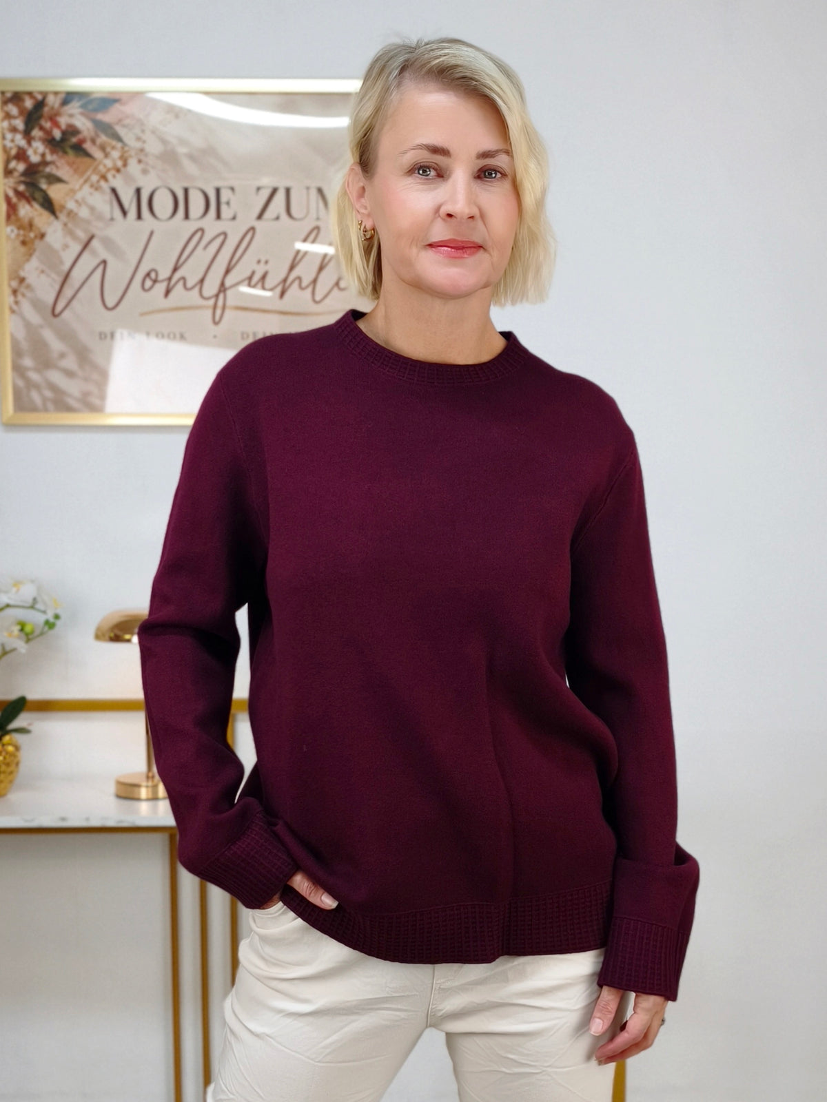 Feinstrick Pullover unifarben in Burgundy (38-42)