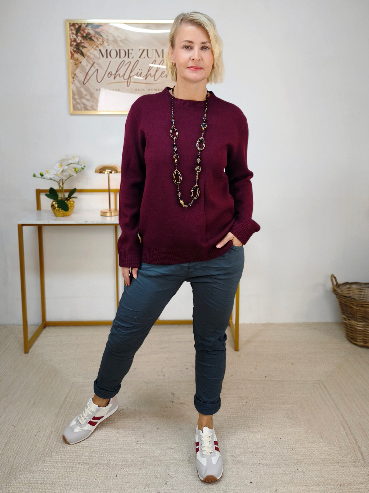 Feinstrick Pullover unifarben in Burgundy (38-42)