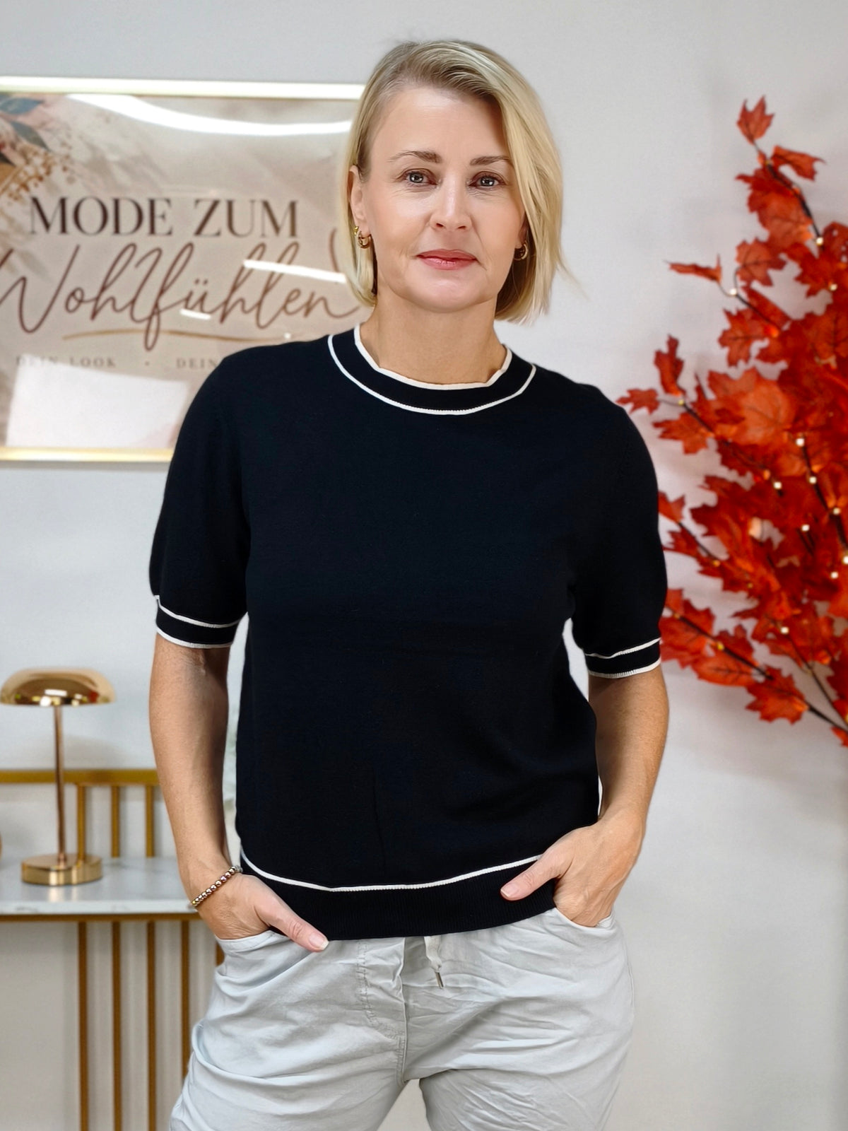 Kurzarm Pulli unifarben Schwarz (36-42)