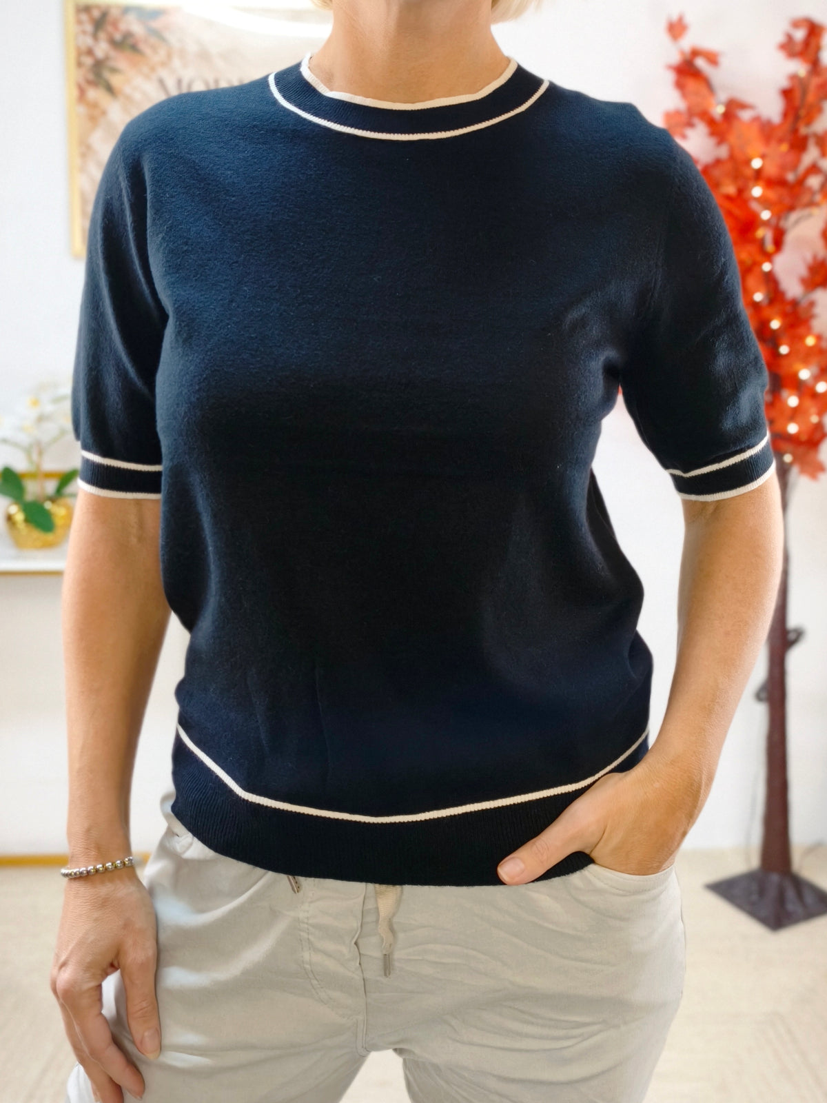 Kurzarm Pulli unifarben Schwarz (36-42)