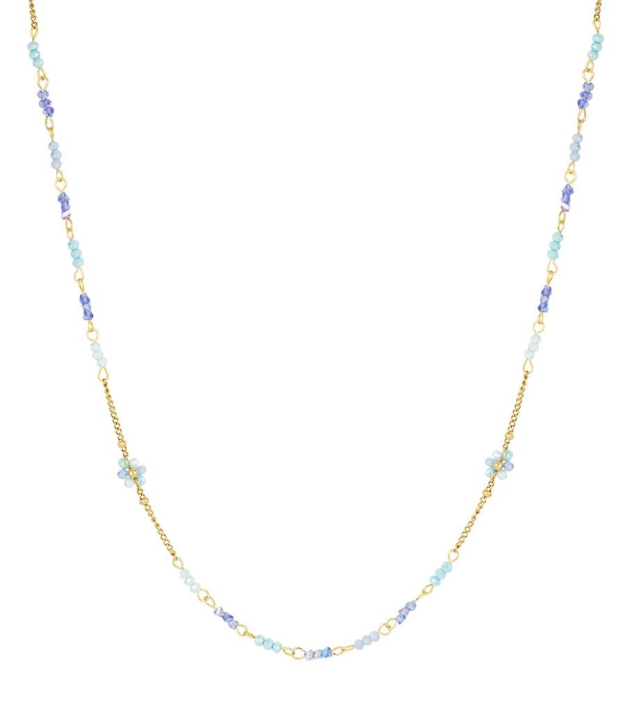 Feine lange Edelstahlkette mit kleinen Perlchen hellblau/gold