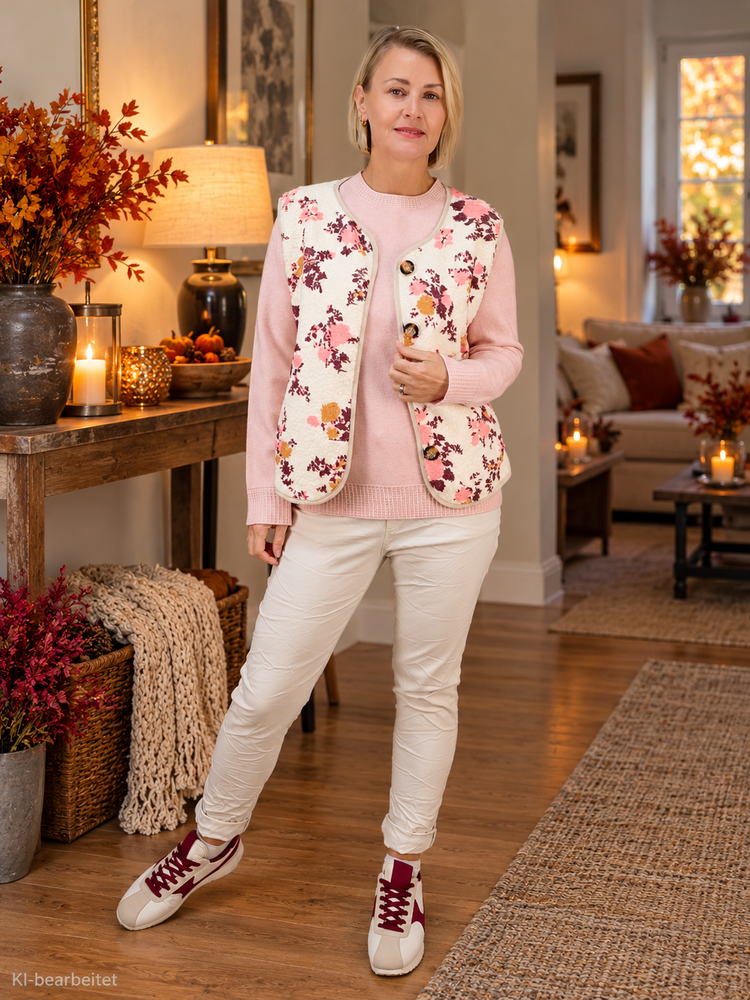 Cremefarbene Weste mit blumigem Muster (36-42)