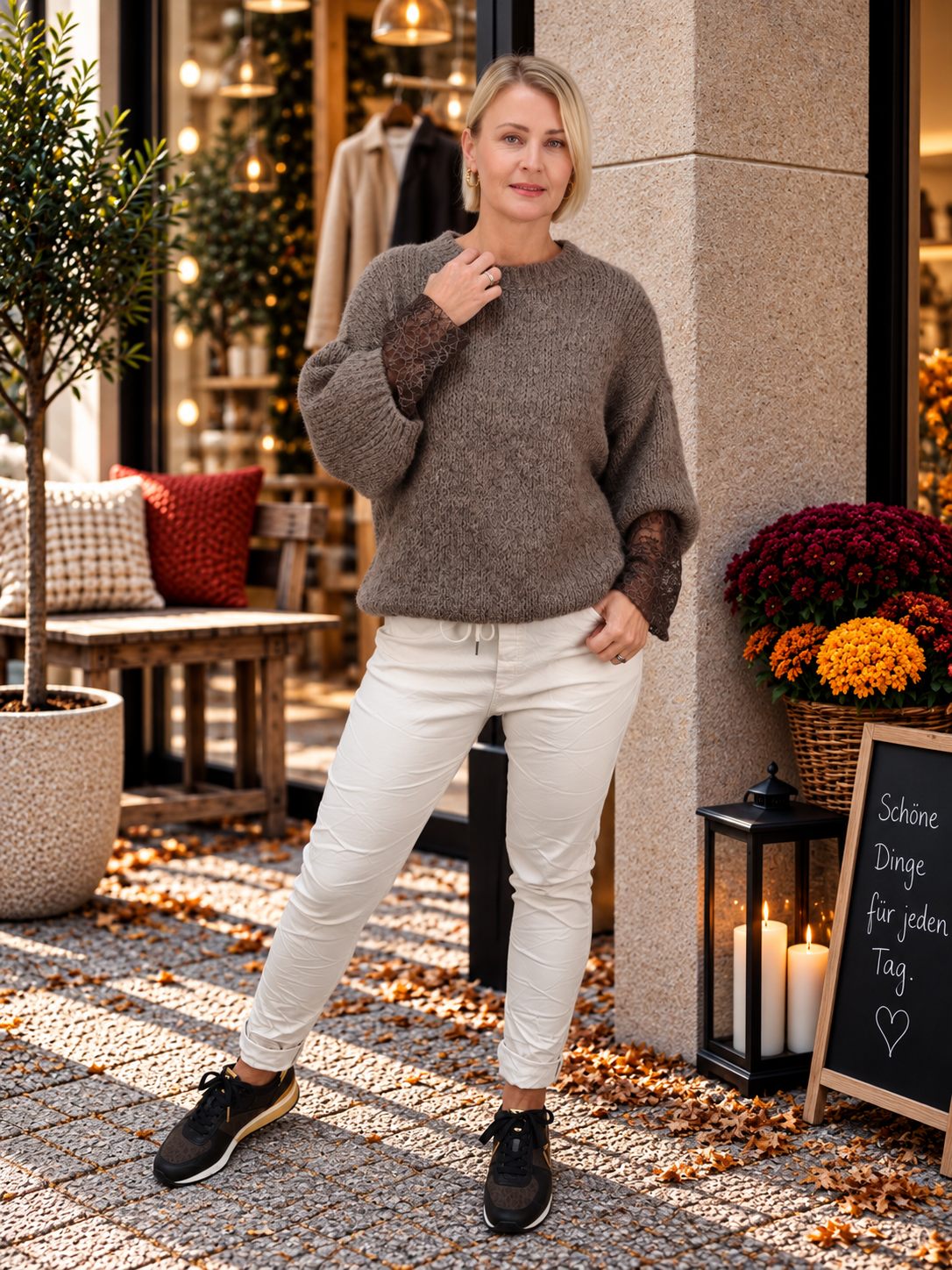 Kuschelpullover mit Spitzenärmel in Taupe (38-42/44)
