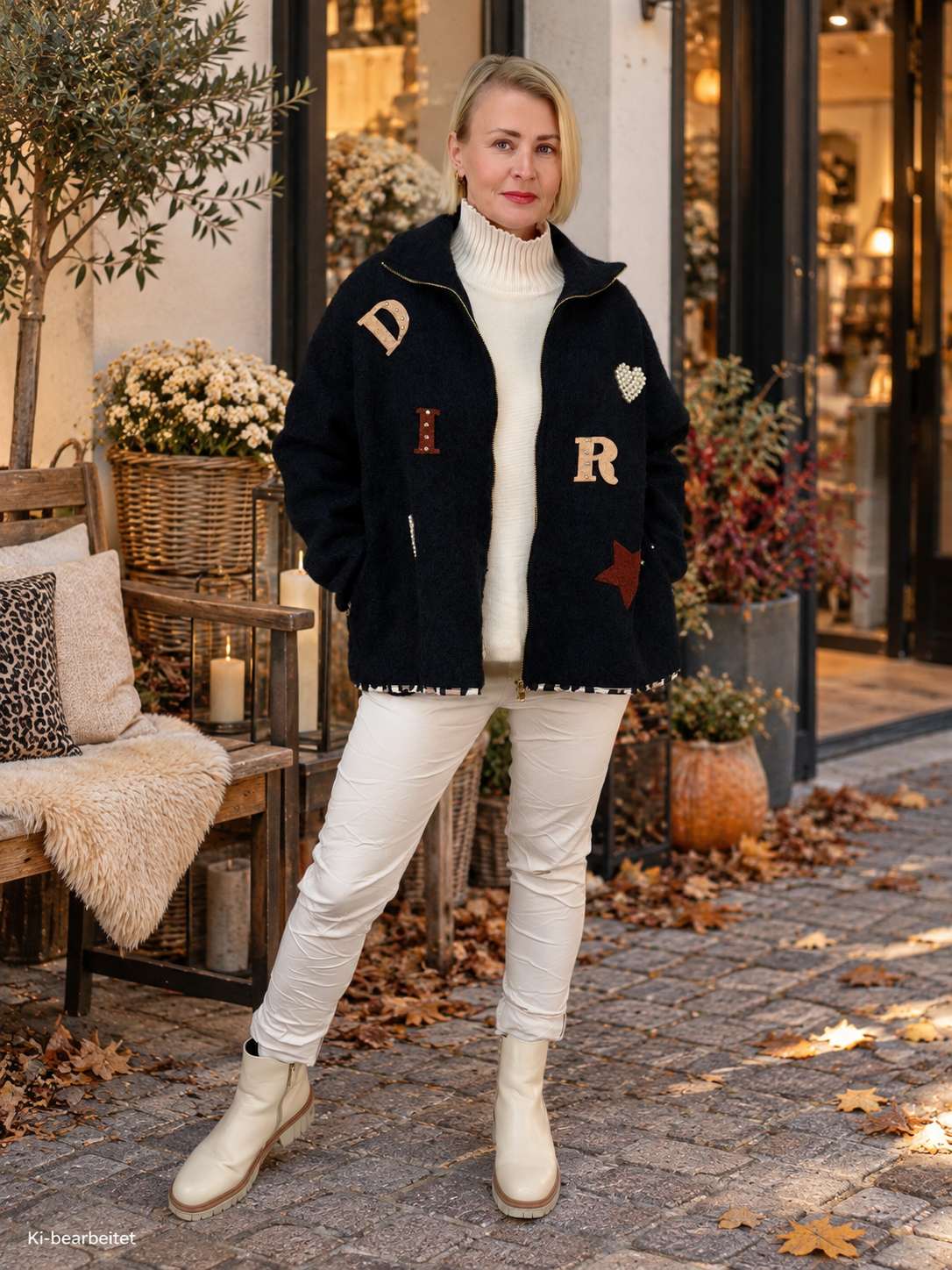 Wärmende Jacke in Filzoptik Schwarz mit kleinen Patches (40-42/44)