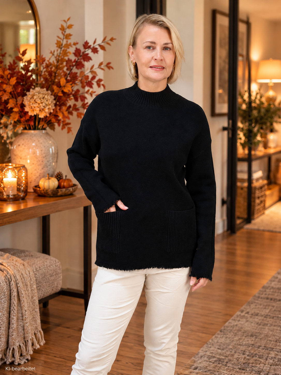 Pullover gefranst mit Turtle Neck Schwarz (38-42)