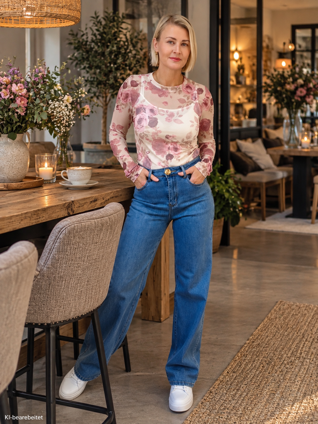 Longsleeve Creme gemustert in Altrosa (36-40)