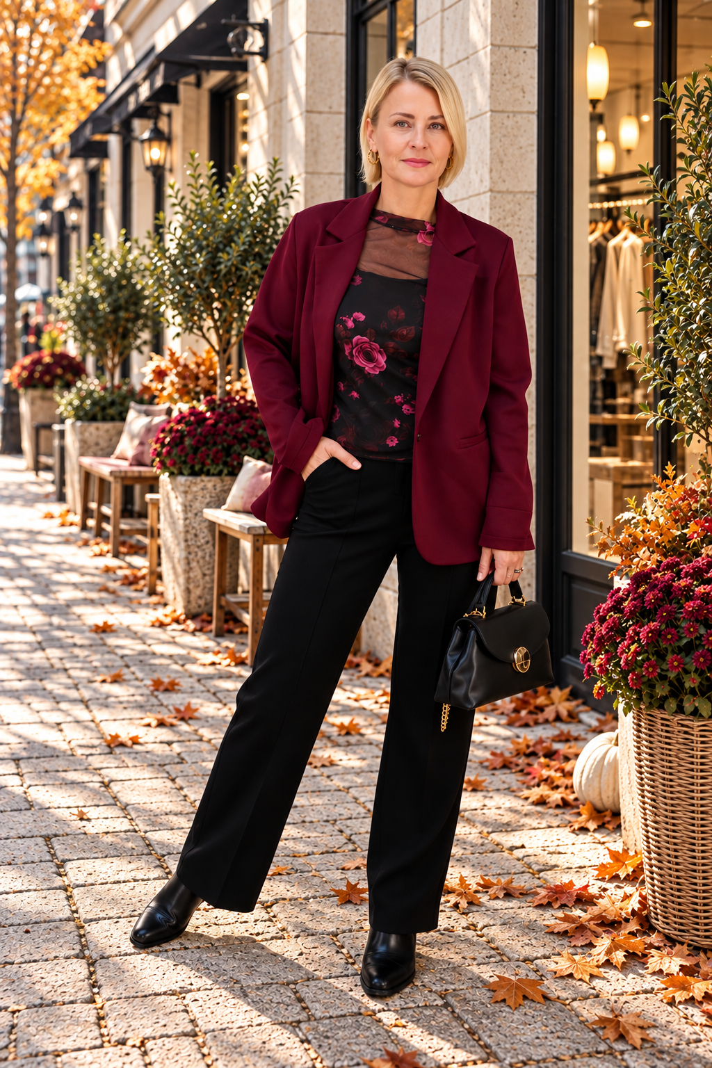 Longsleeve Schwarz gemustert in Altrosa/Burgundy (36-40)