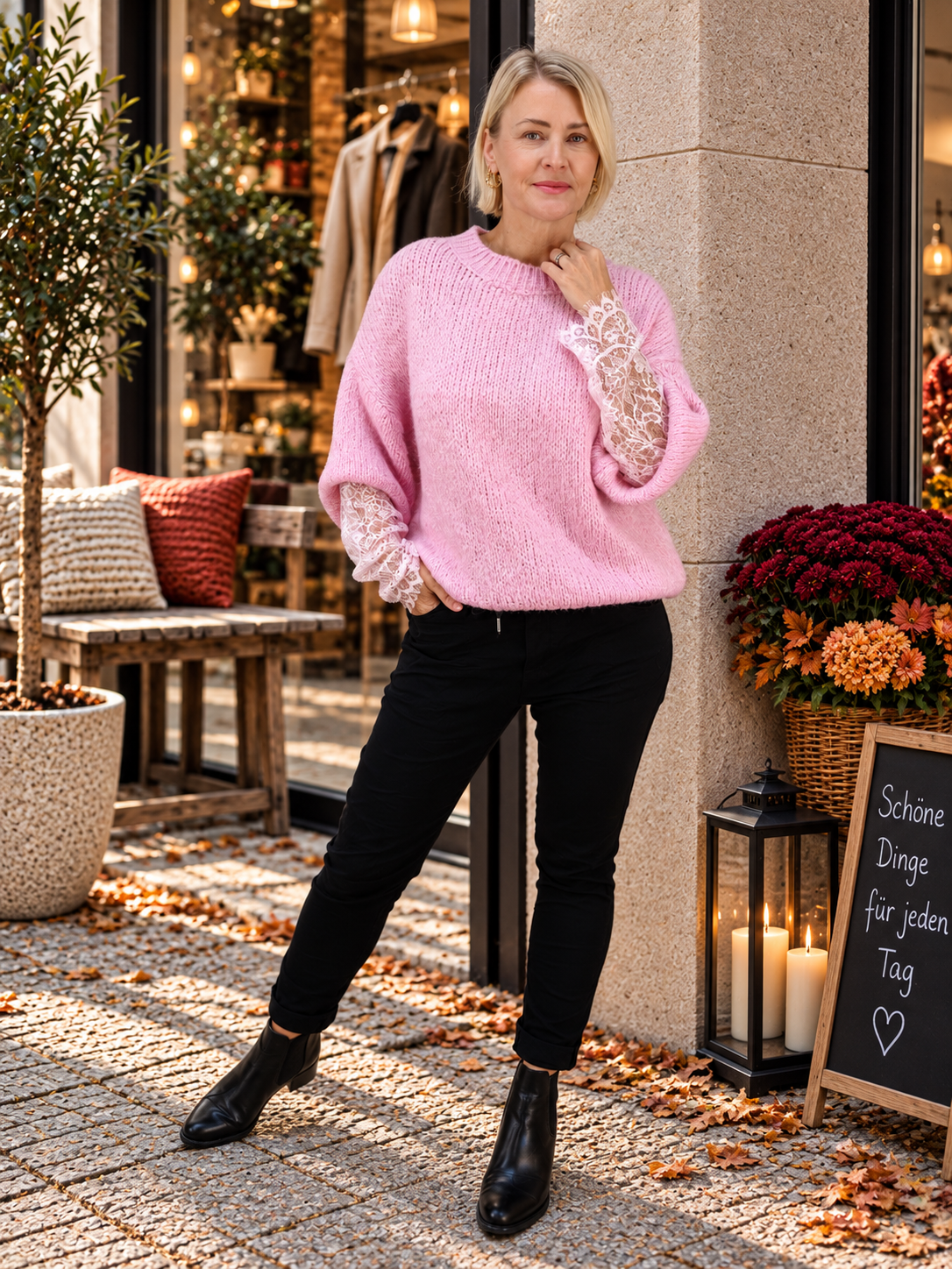 Kuschelpullover mit Spitzenärmel in Altrosa (38-42/44)
