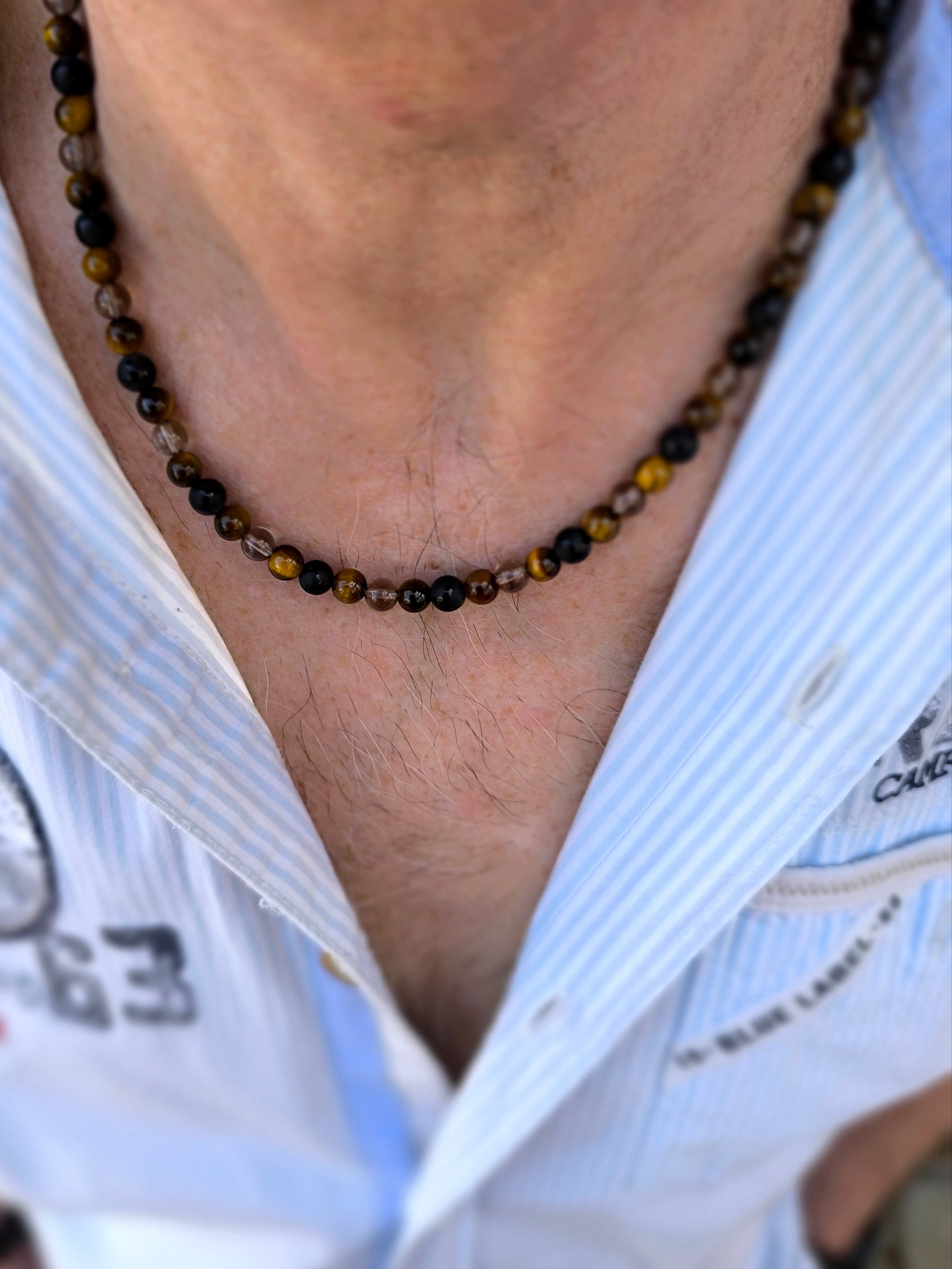 Herren Halskette aus Tigerauge, Achat und Rauchquarz