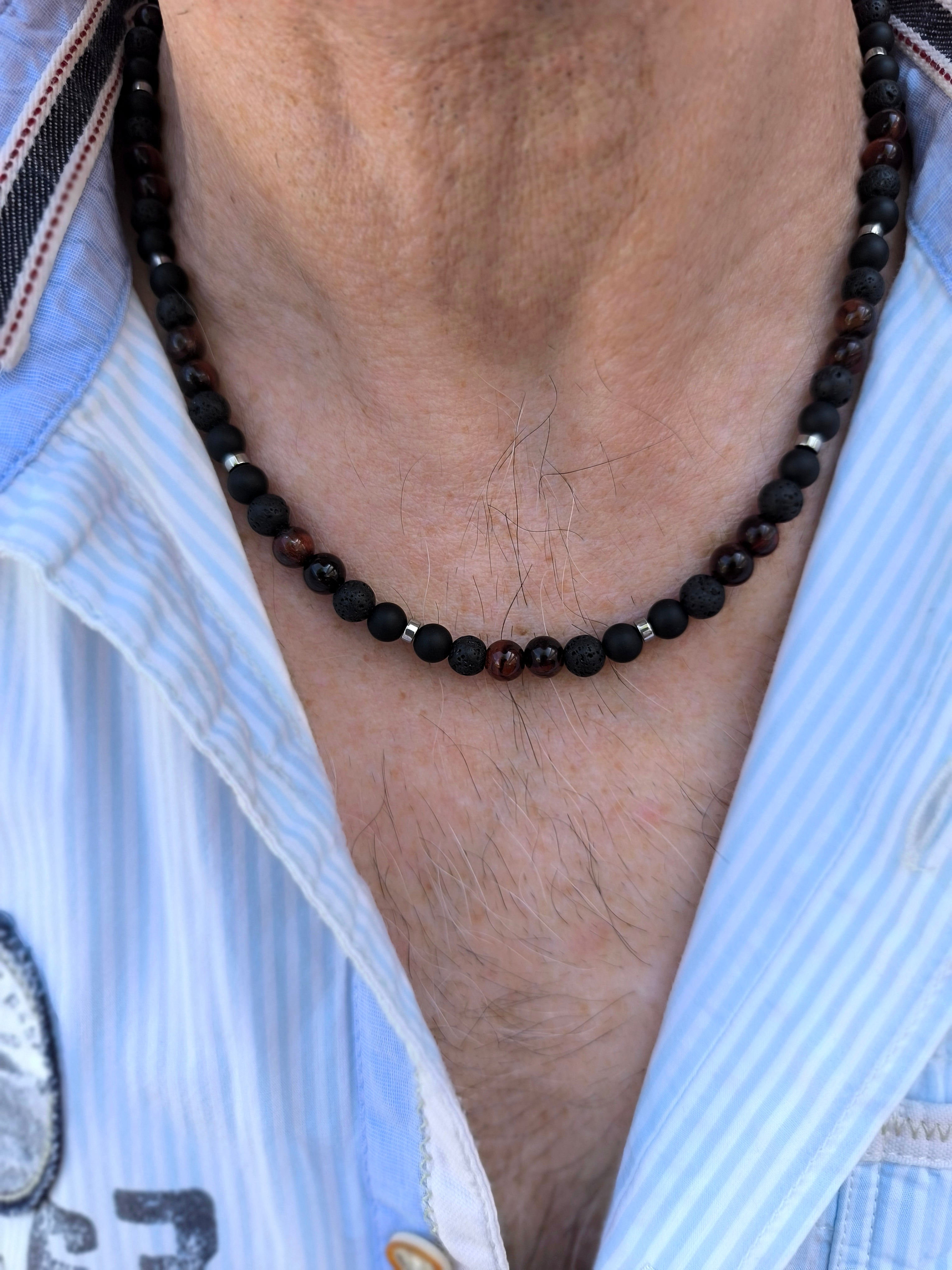 Edelsteinkette mit Achat, Hämatit, Tigerauge und Lavastein