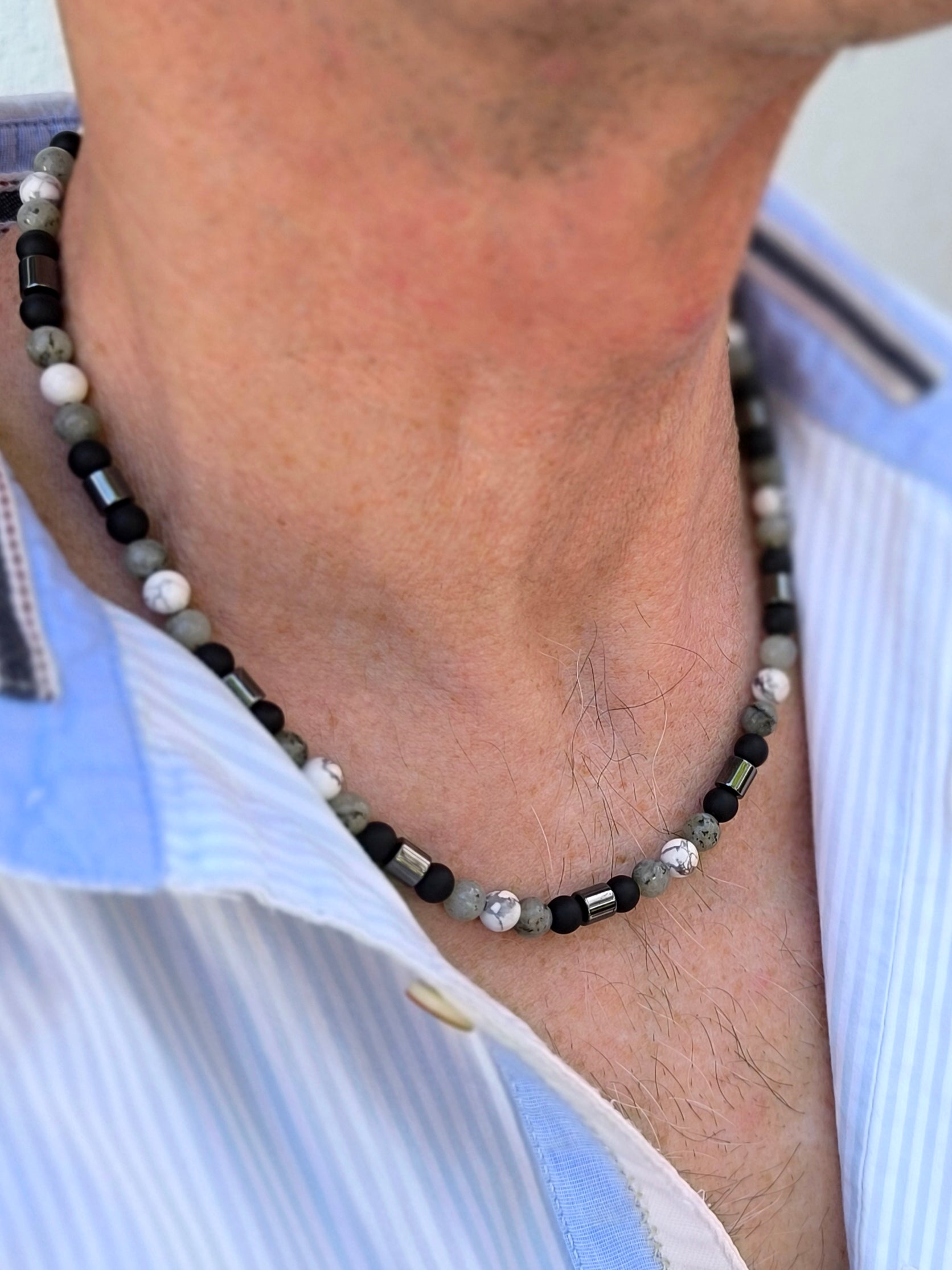 Achat, Howlith & Labradorit Kette mit Hämatit