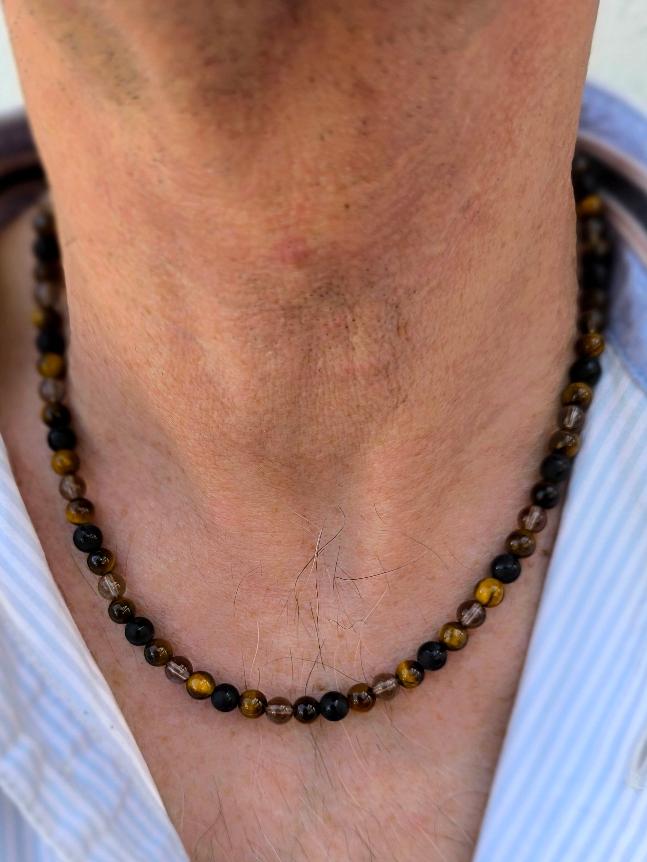 Herren Halskette aus Tigerauge, Achat und Rauchquarz