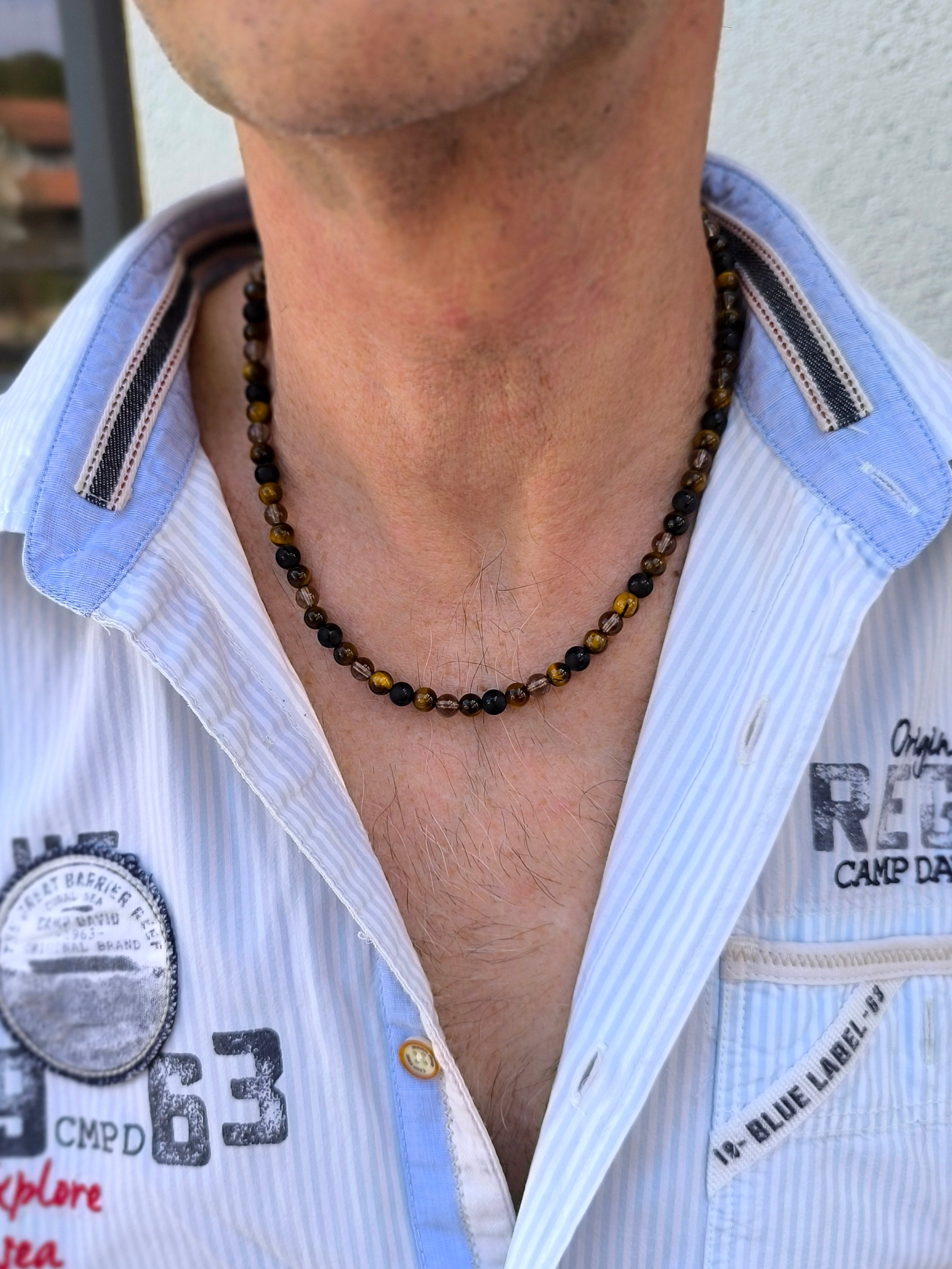 Herren Halskette aus Tigerauge, Achat und Rauchquarz