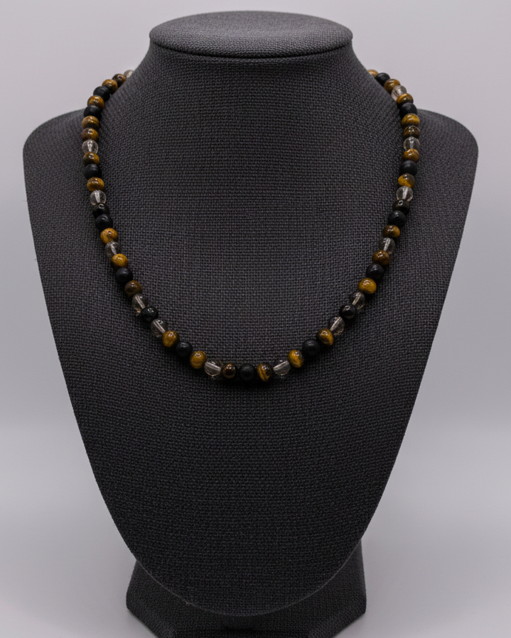 Herren Halskette aus Tigerauge, Achat und Rauchquarz